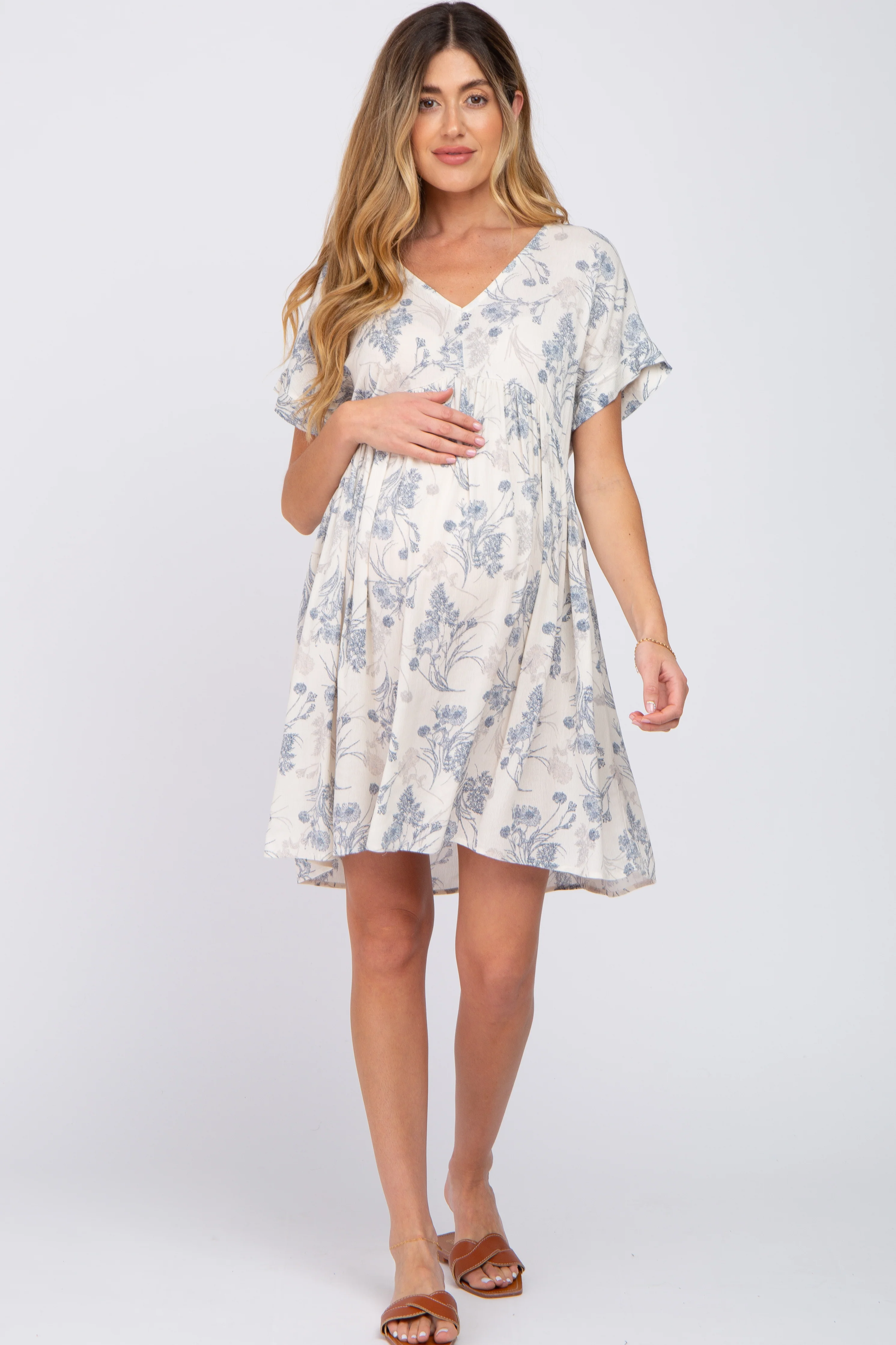 Blue Floral V-Neck Maternity Dress - Image 4