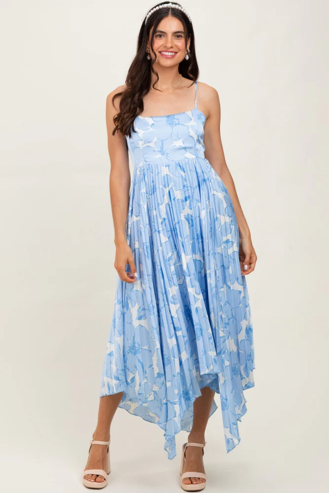 Blue Floral Woven Pleat Skirt Maternity Maxi Dress - Image 5