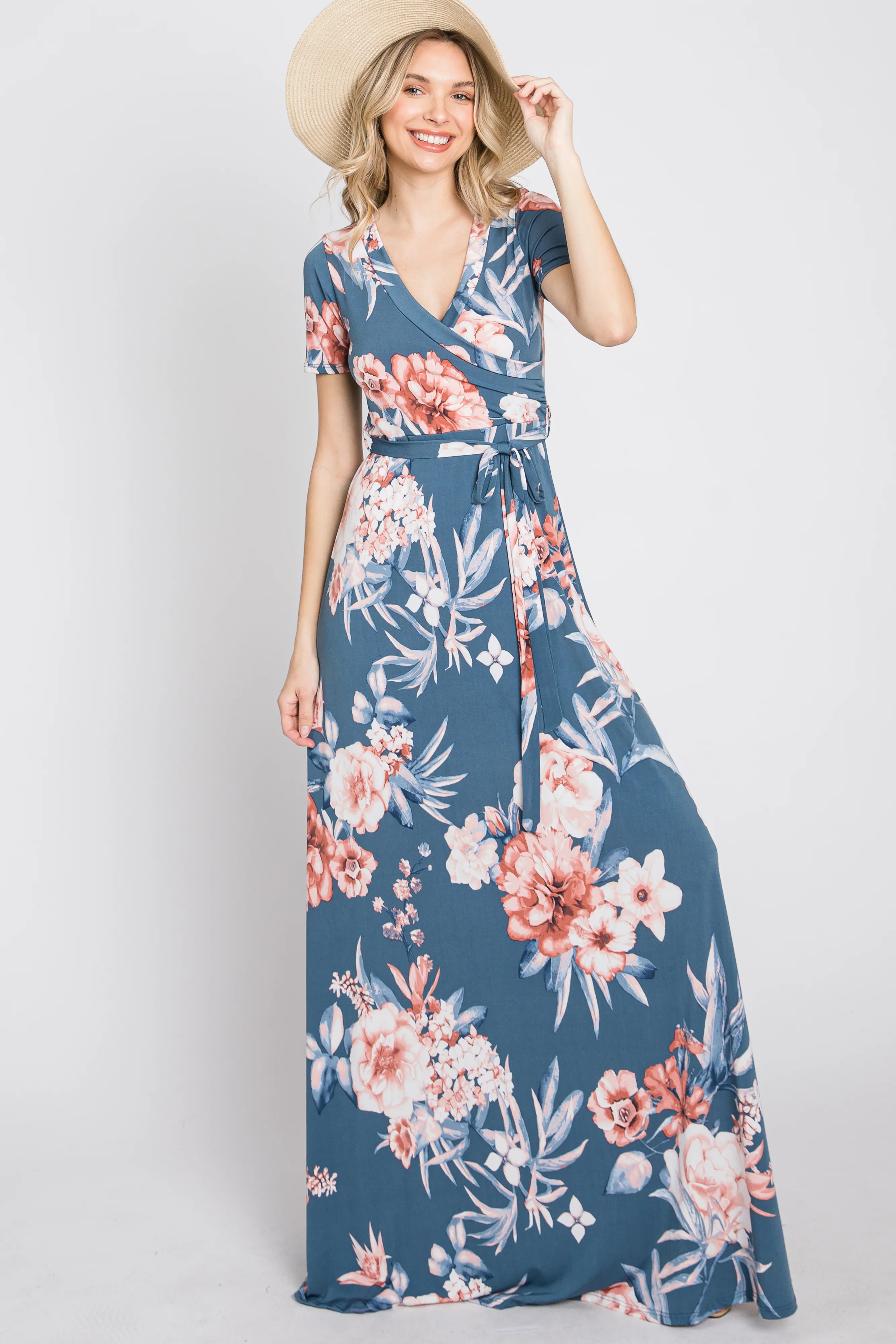 Blue Floral Wrap Maternity/Nursing Maxi Dress - Image 4