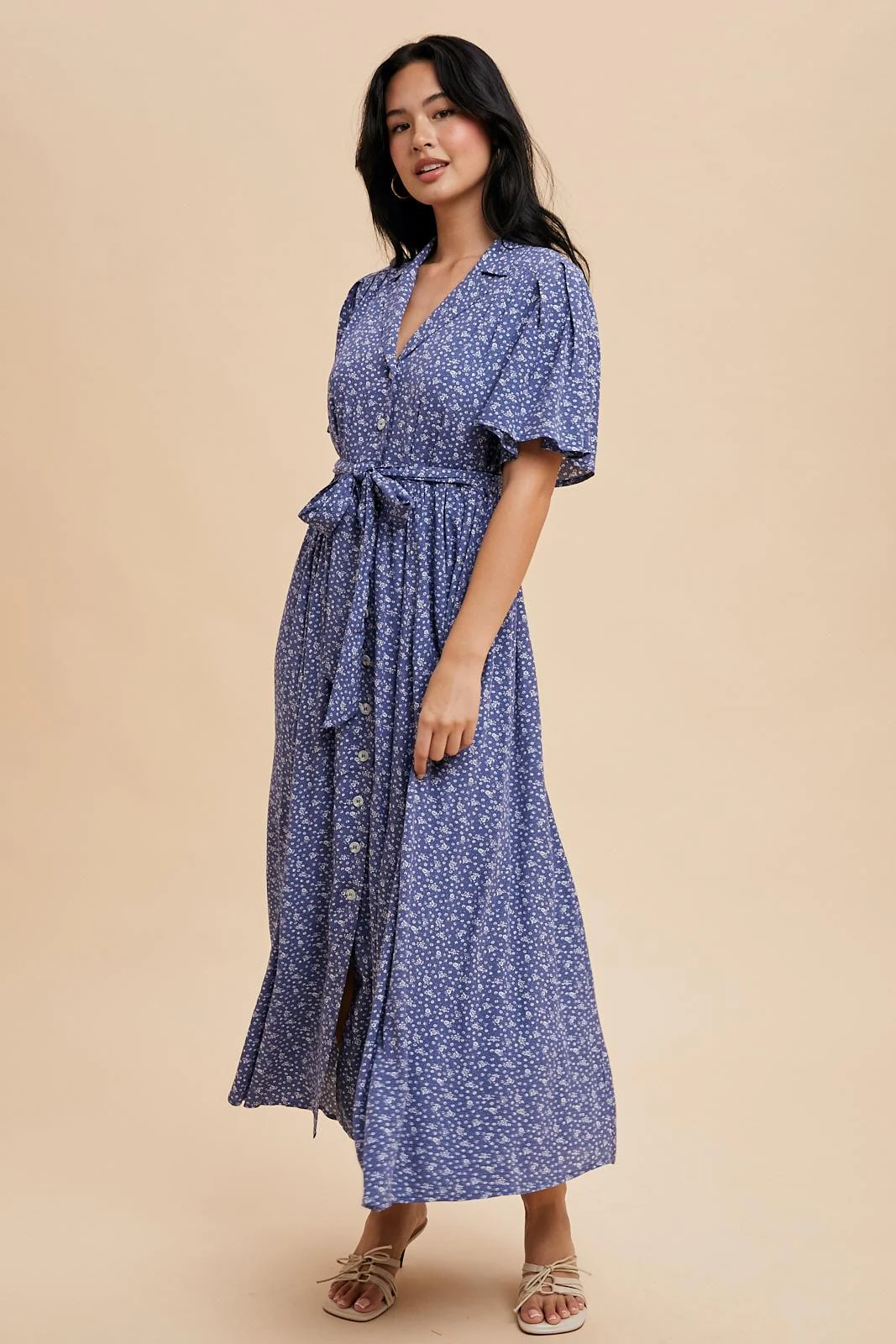 Blue Flutter Sleeve Button Down Maxi Dress - Image 3