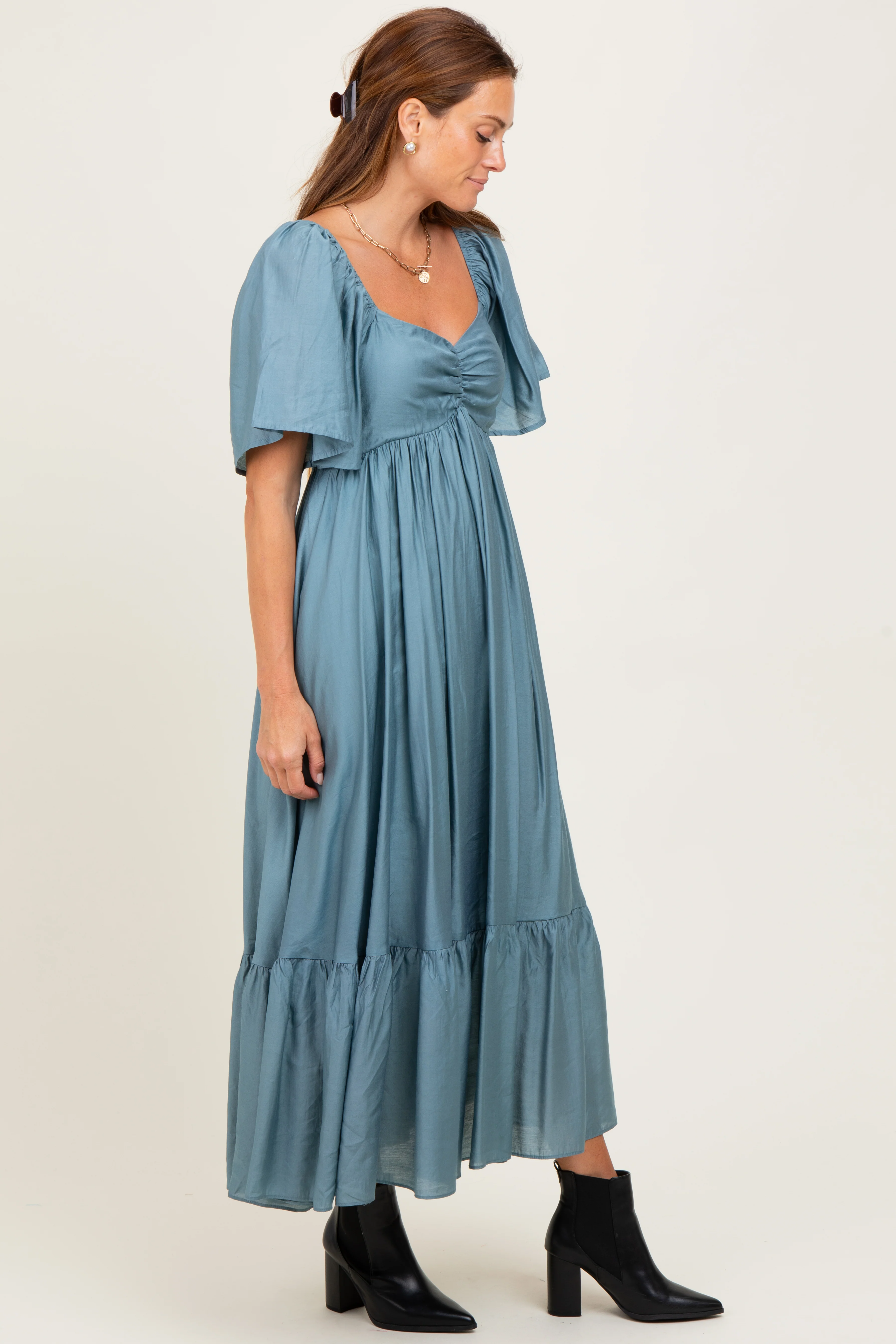 Blue Flutter Sleeve Ruffle Hem Midi Dress - Image 3