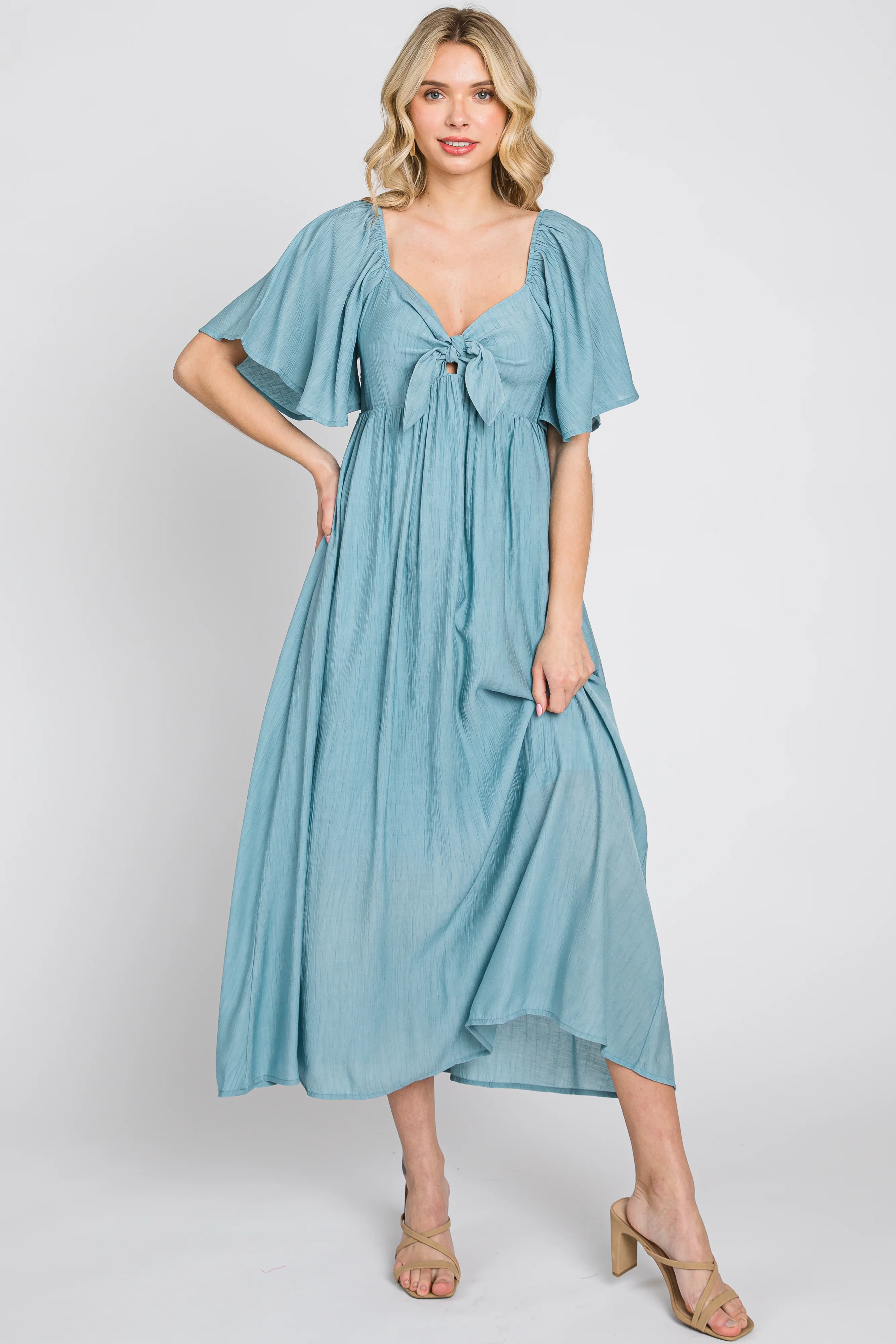 Blue Front Tie Ruffle Sleeve Midi Dress - Image 4
