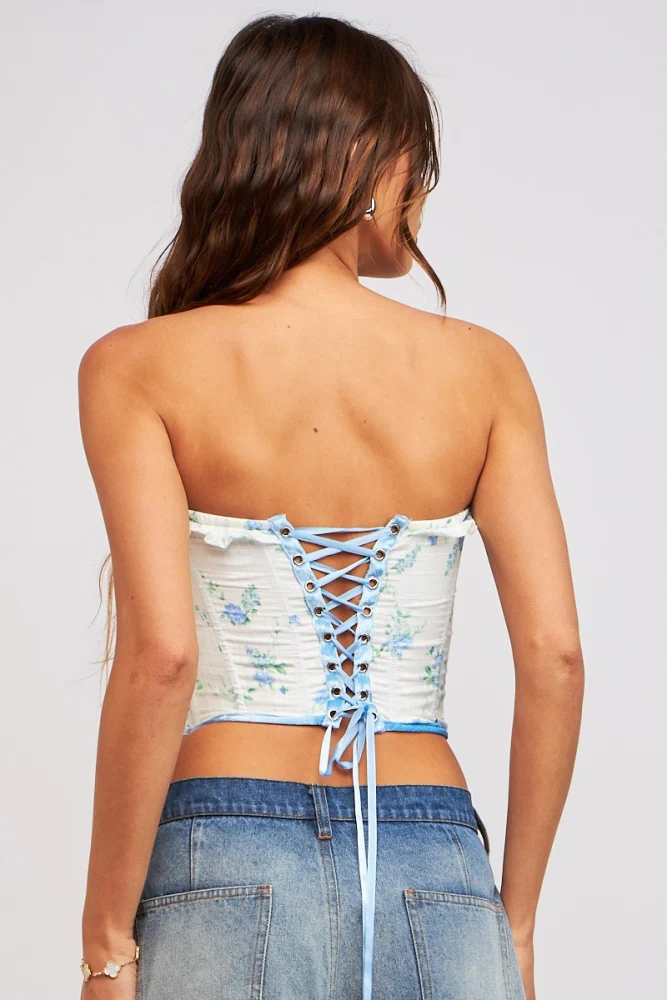 Blue Garden Floral Underwire Corset Back Tie Crop Top - Image 3