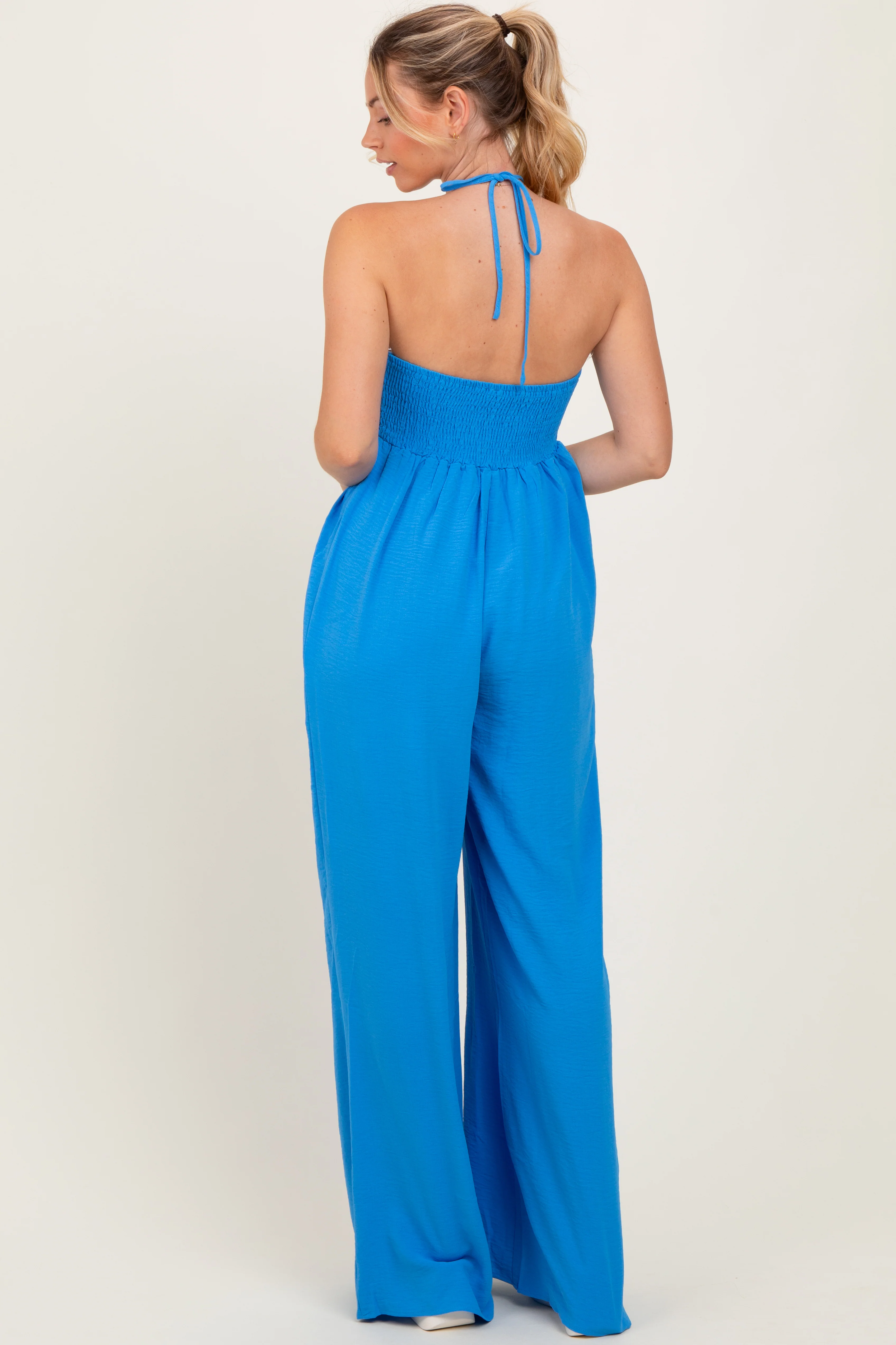 Blue Halter Neck Wide Leg Jumpsuit - Image 3