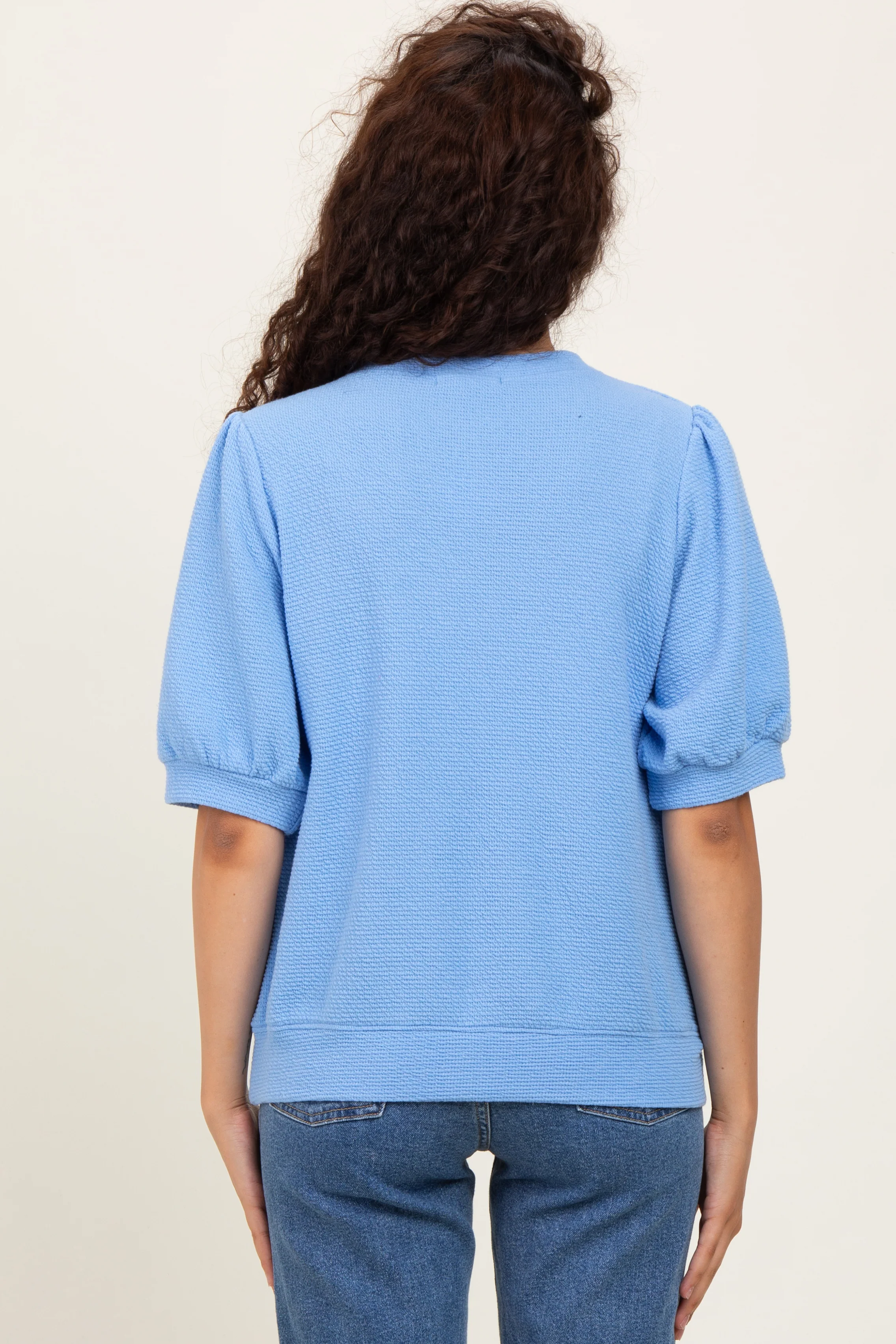 Blue Knit Puff Sleeve Top - Image 3
