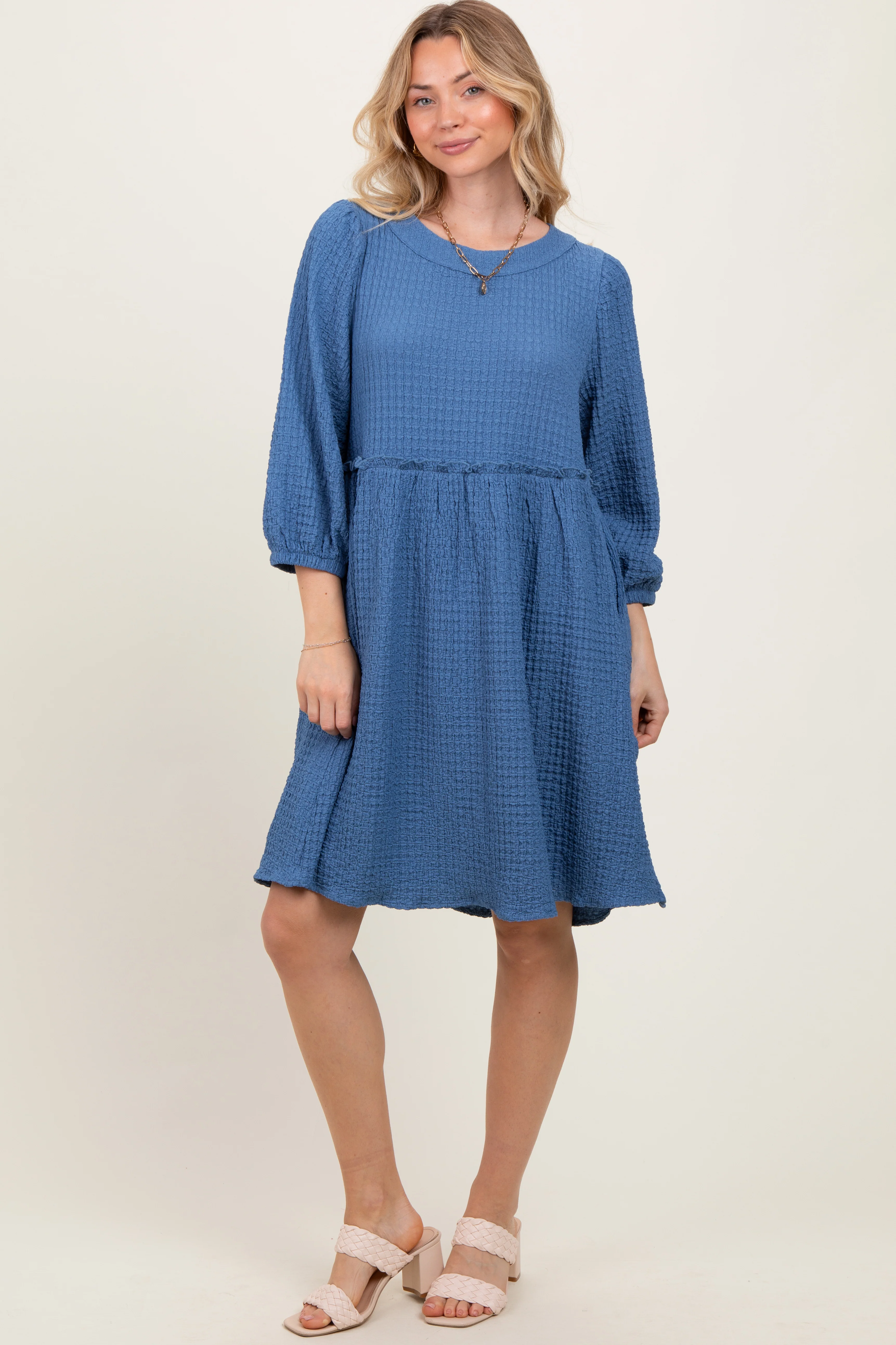Blue Knit Ruffle Trim Maternity Dress - Image 4