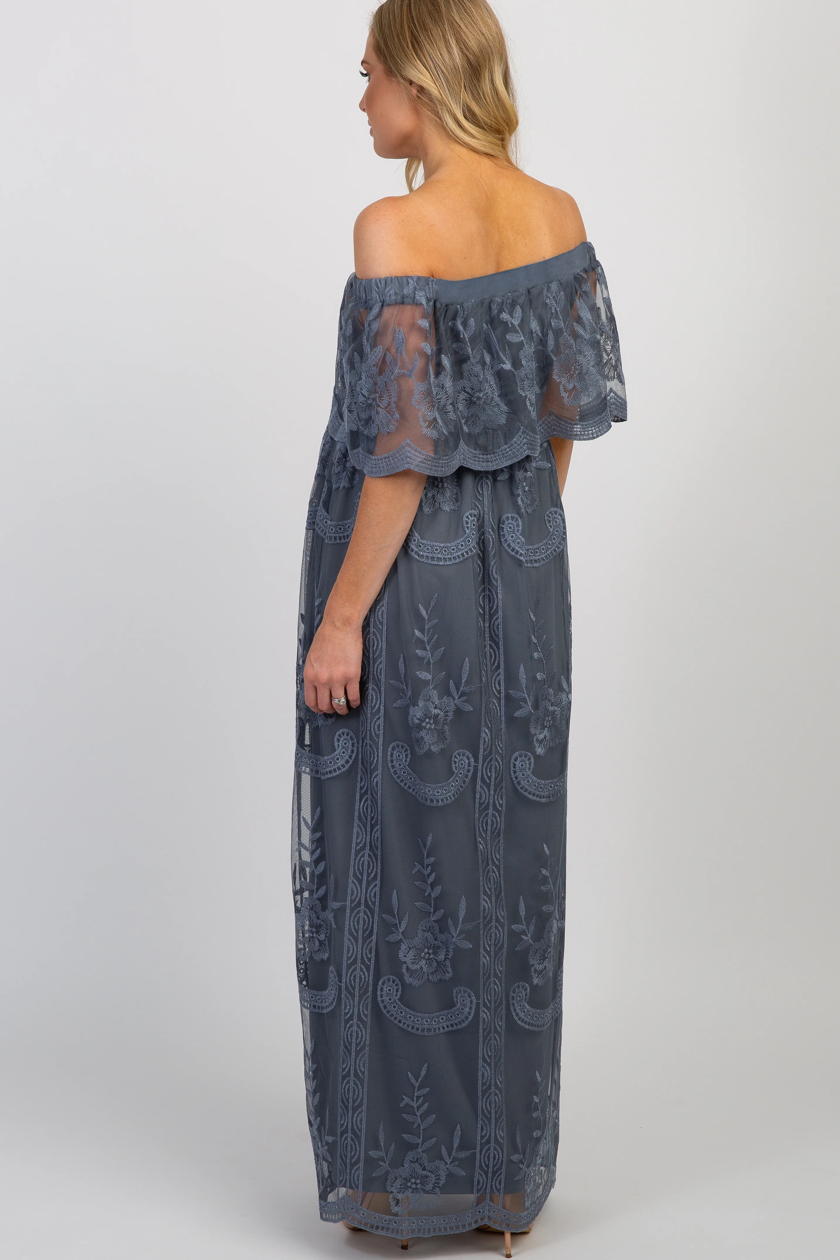Blue Lace Mesh Overlay Off Shoulder Maternity Maxi Dress - Image 3