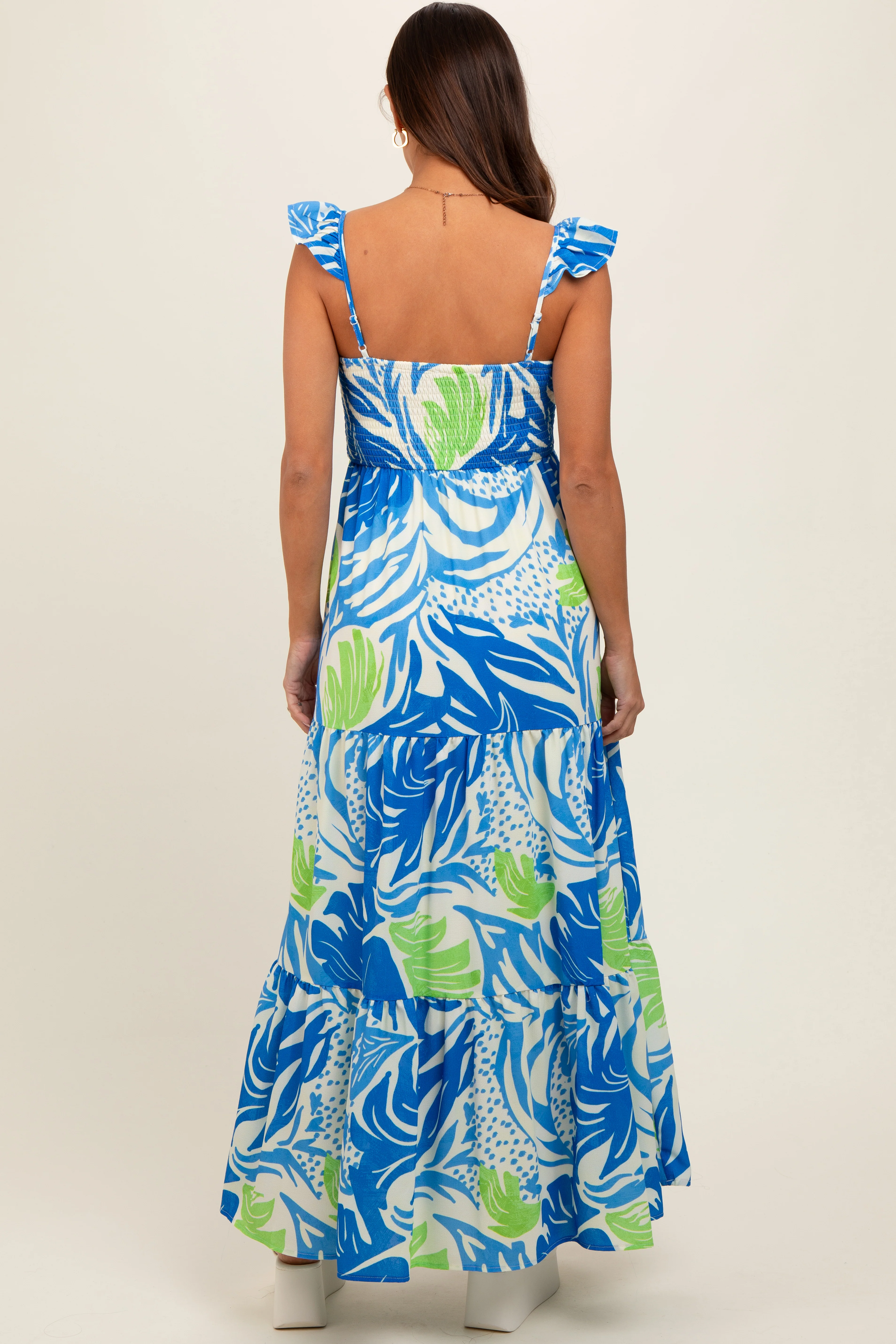 Blue Leaf Print Smocked Maternity Maxi Dress - Image 3