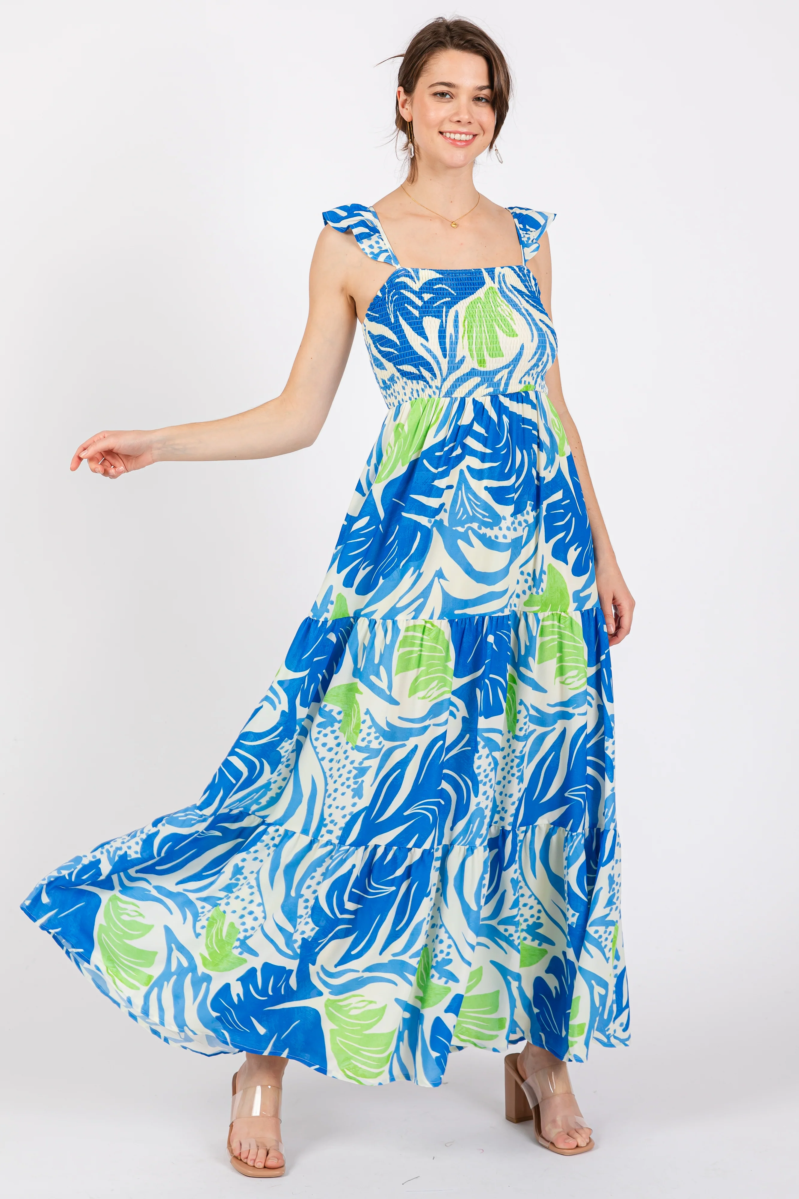 Blue Leaf Print Smocked Maternity Maxi Dress - Image 4