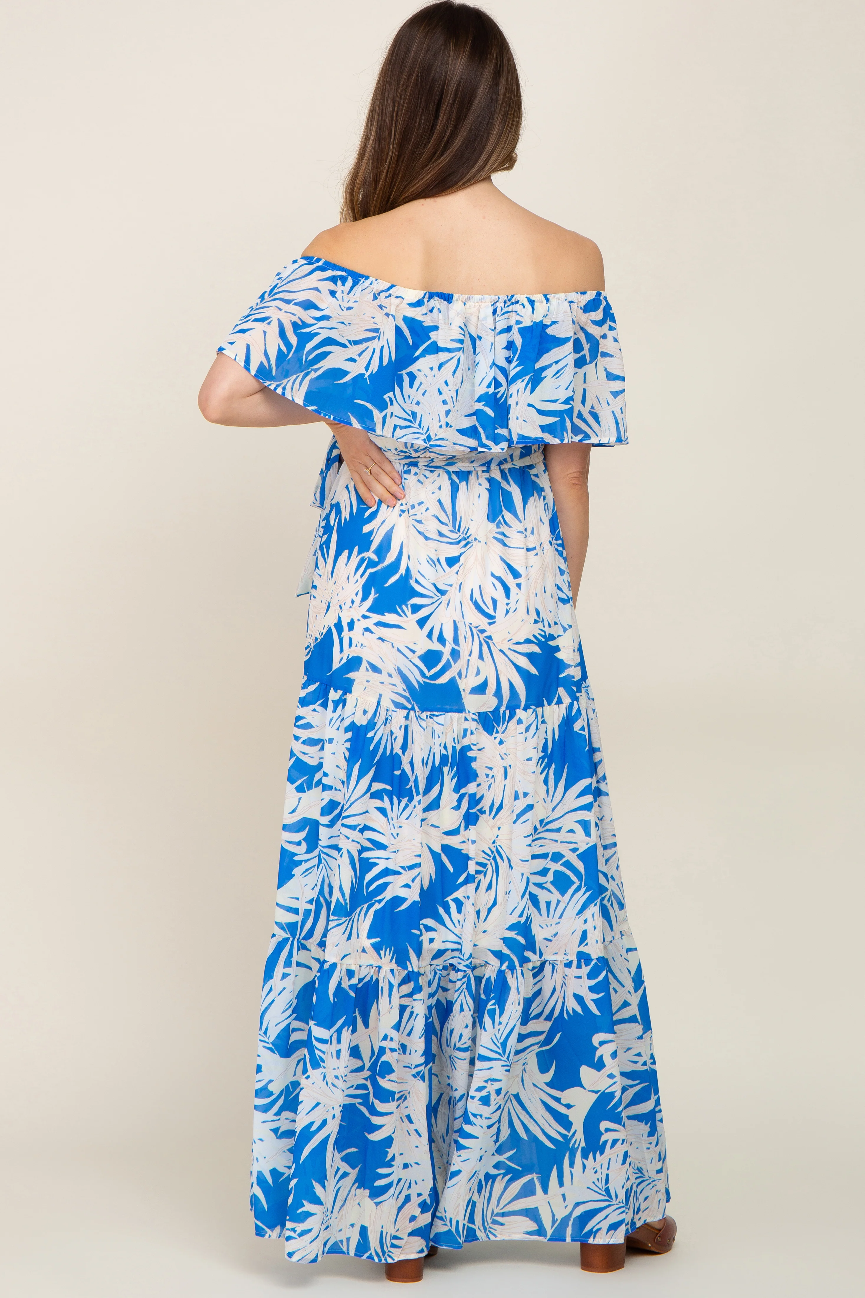 Blue Leaf Print Strapless Tiered Maternity Maxi Dress - Image 3