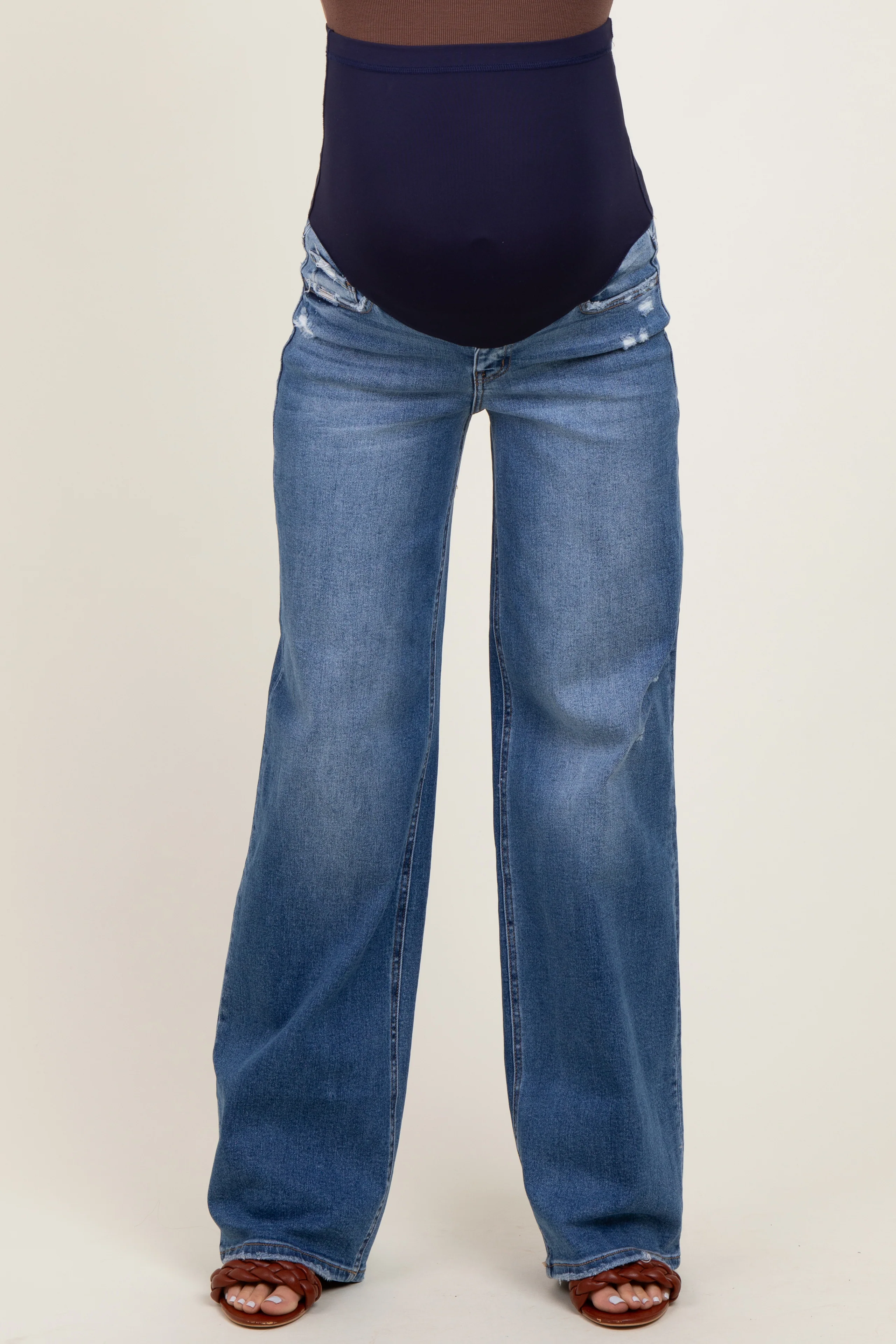 Blue Lightly Distressed Wide Leg Maternity Jeans - Image 2
