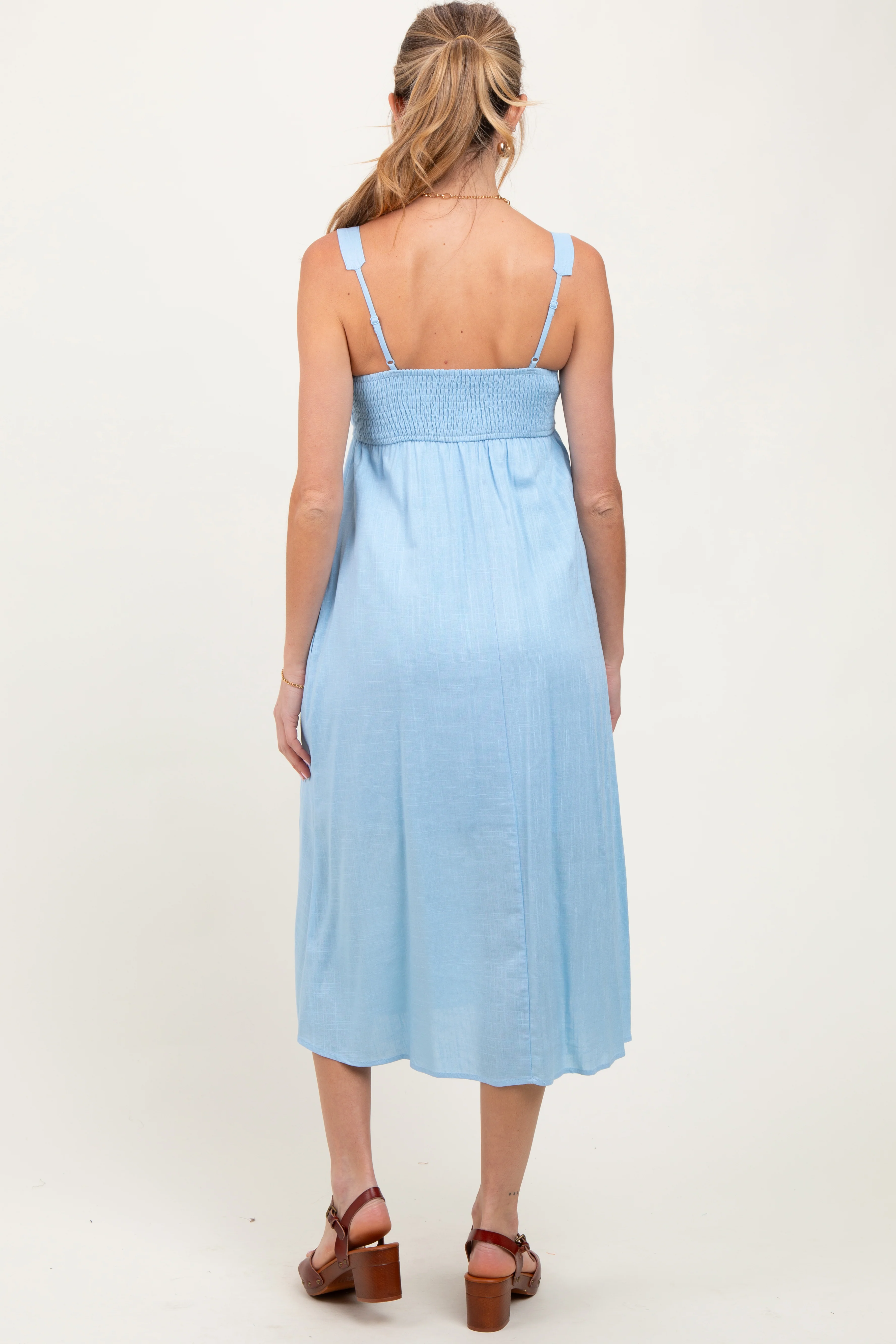 Blue Linen Blend Square Neck Maternity Midi Dress - Image 4