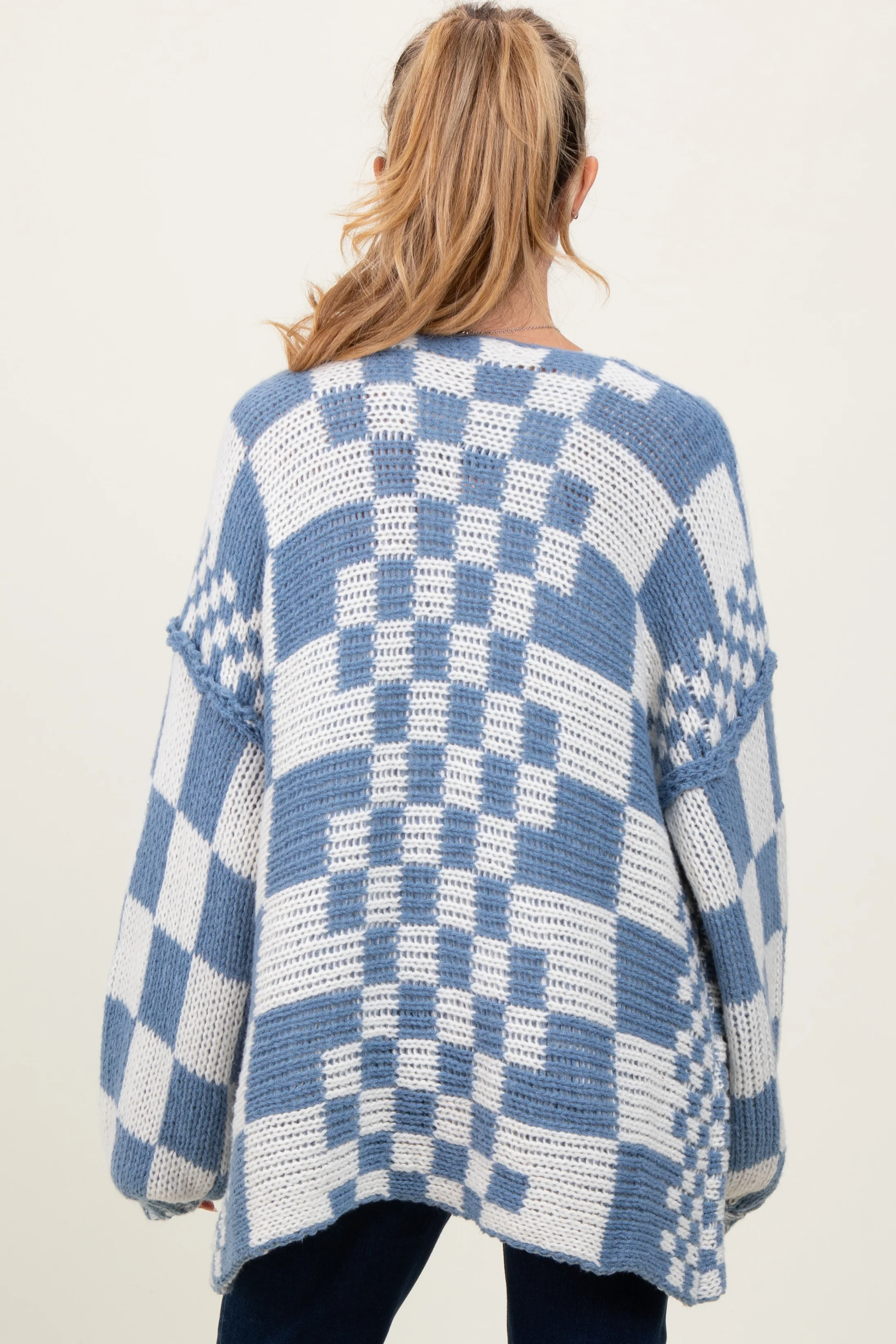 Blue Mixed Check Pattern Chunky Maternity Cardigan - Image 4