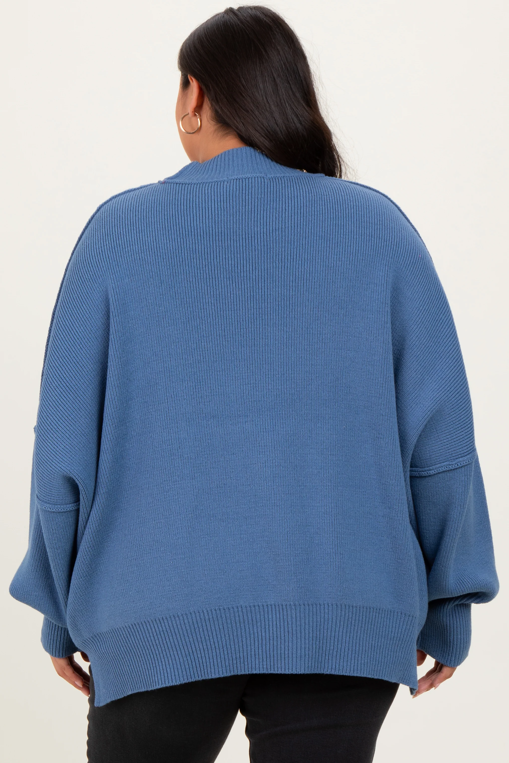 Blue Mock Neck Exposed Seam Sweater - Image 4