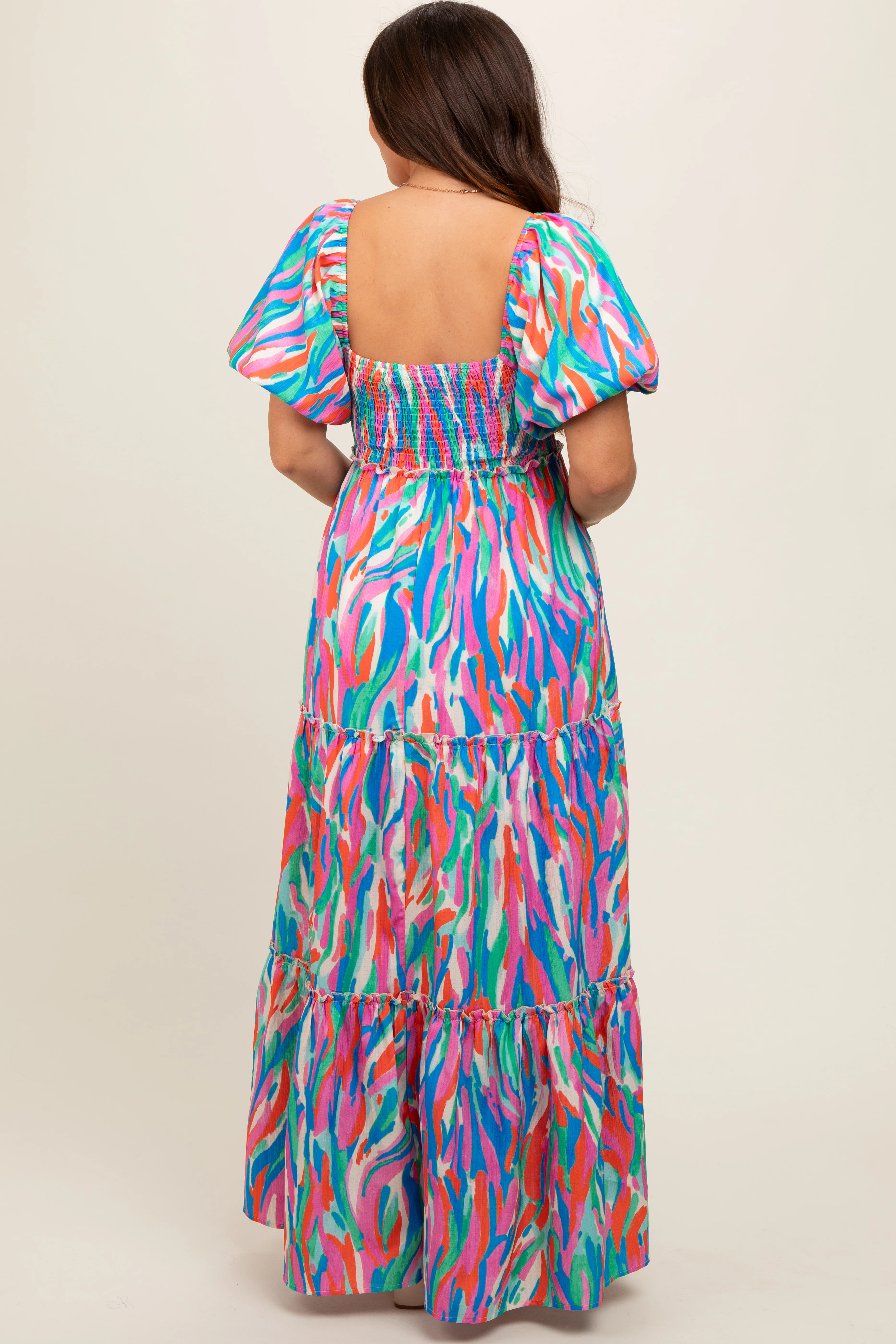 Blue Multi Color Print Puff Sleeve Maternity Maxi Dress - Image 5