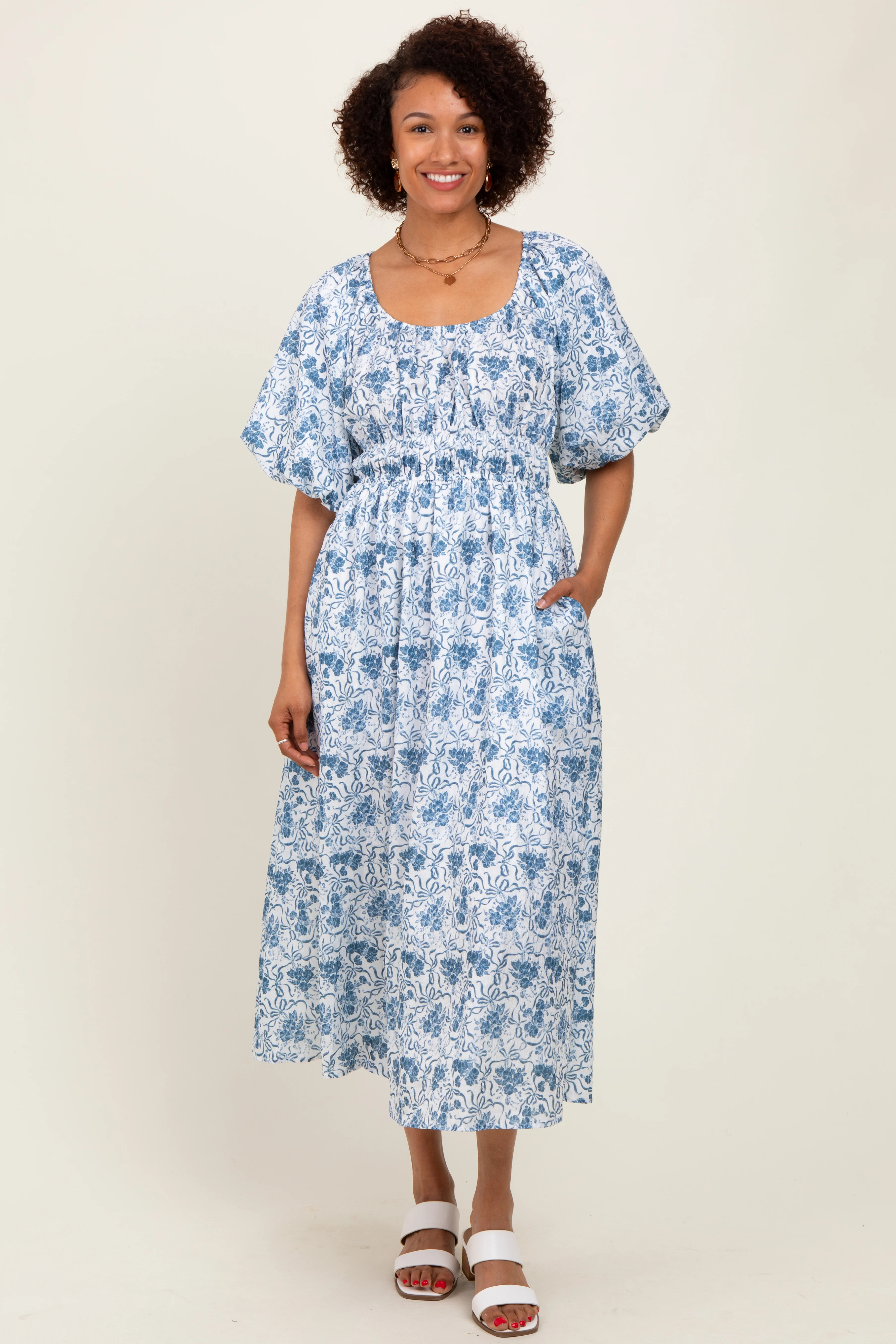Blue Multi Printed Floral Maternity Maxi Dress - Image 3