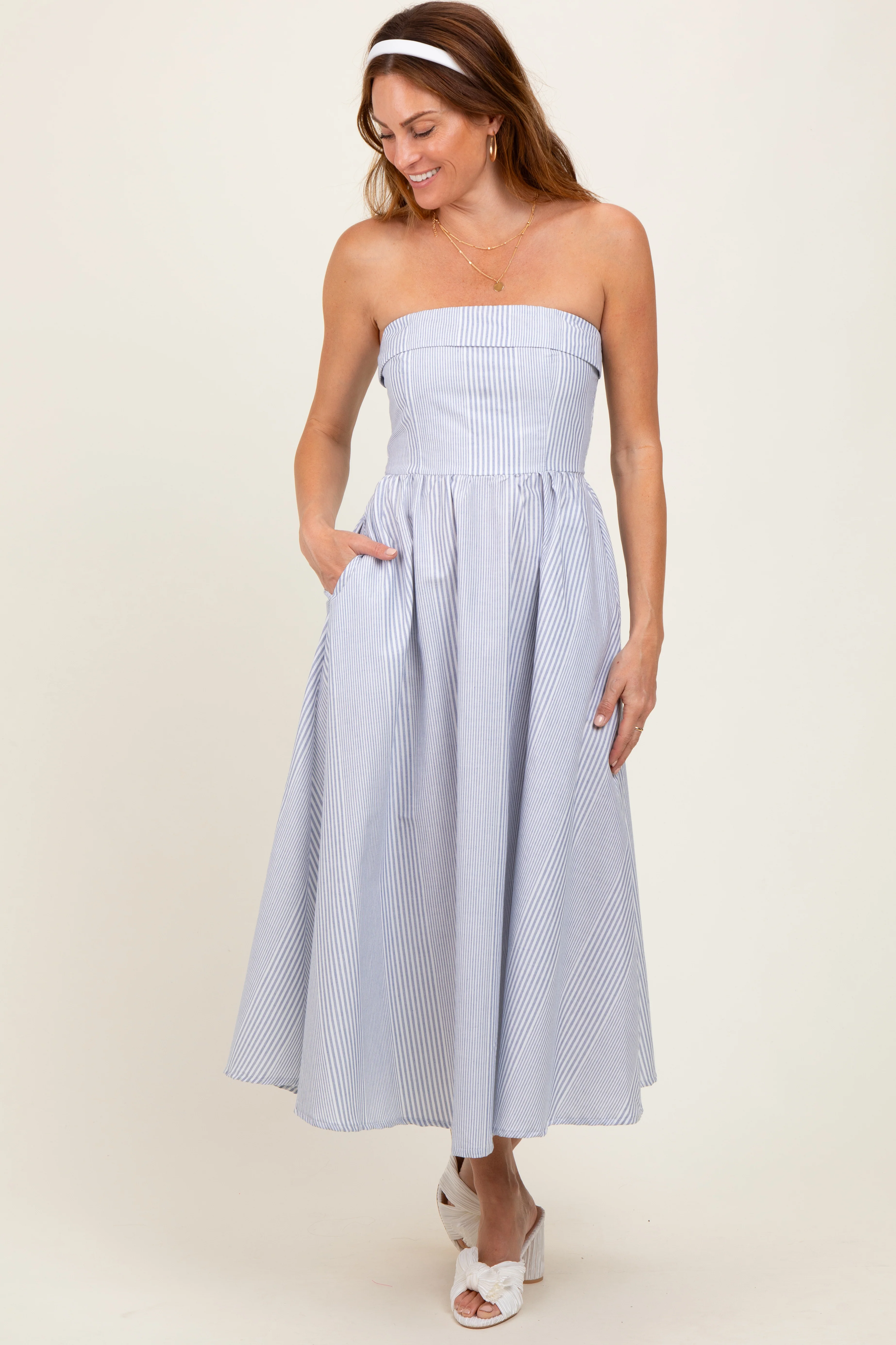 Blue Multi Stripe Strapless Midi Dress - Image 2