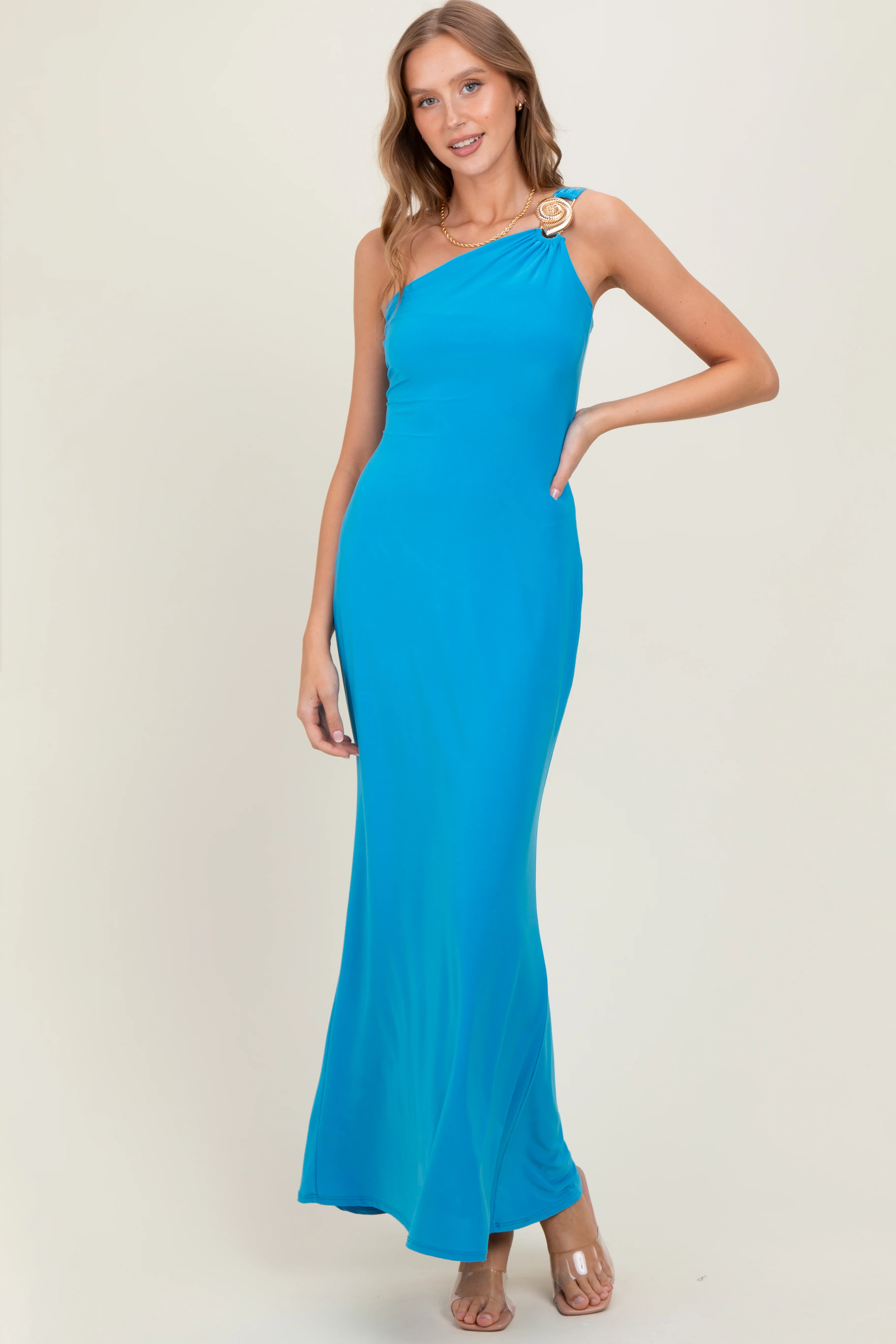 Blue One Shoulder Pendant Cutout Maxi Dress - Image 2