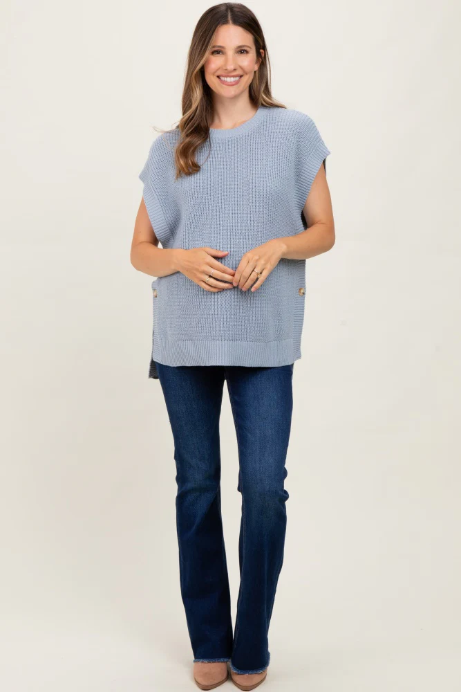Blue Oversized Side Button Maternity Sweater Vest - Image 3