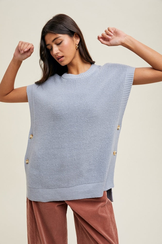 Blue Oversized Side Button Maternity Sweater Vest - Image 6