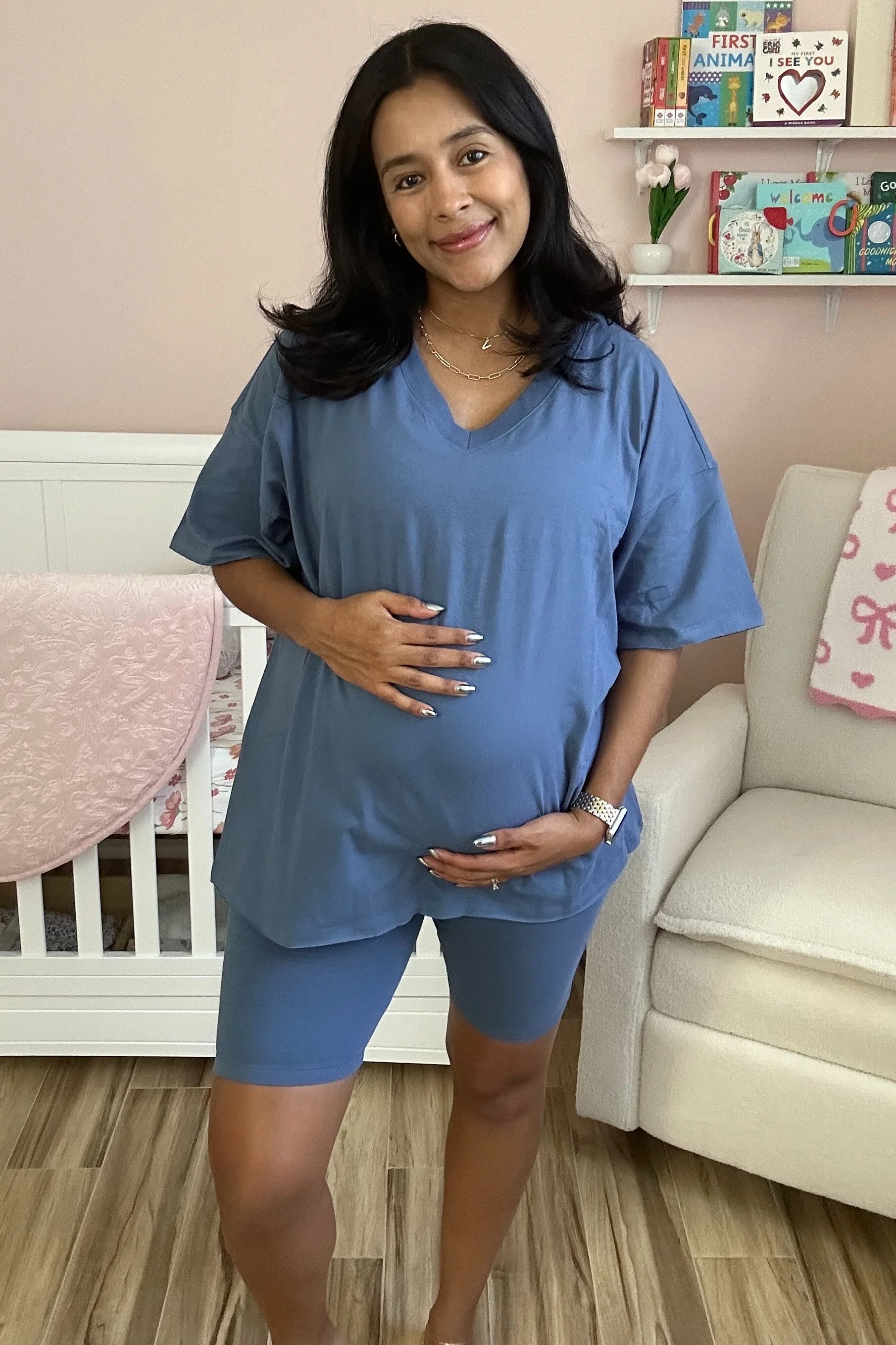 Blue Oversized V-Neck Biker Short Maternity Set - Image 3