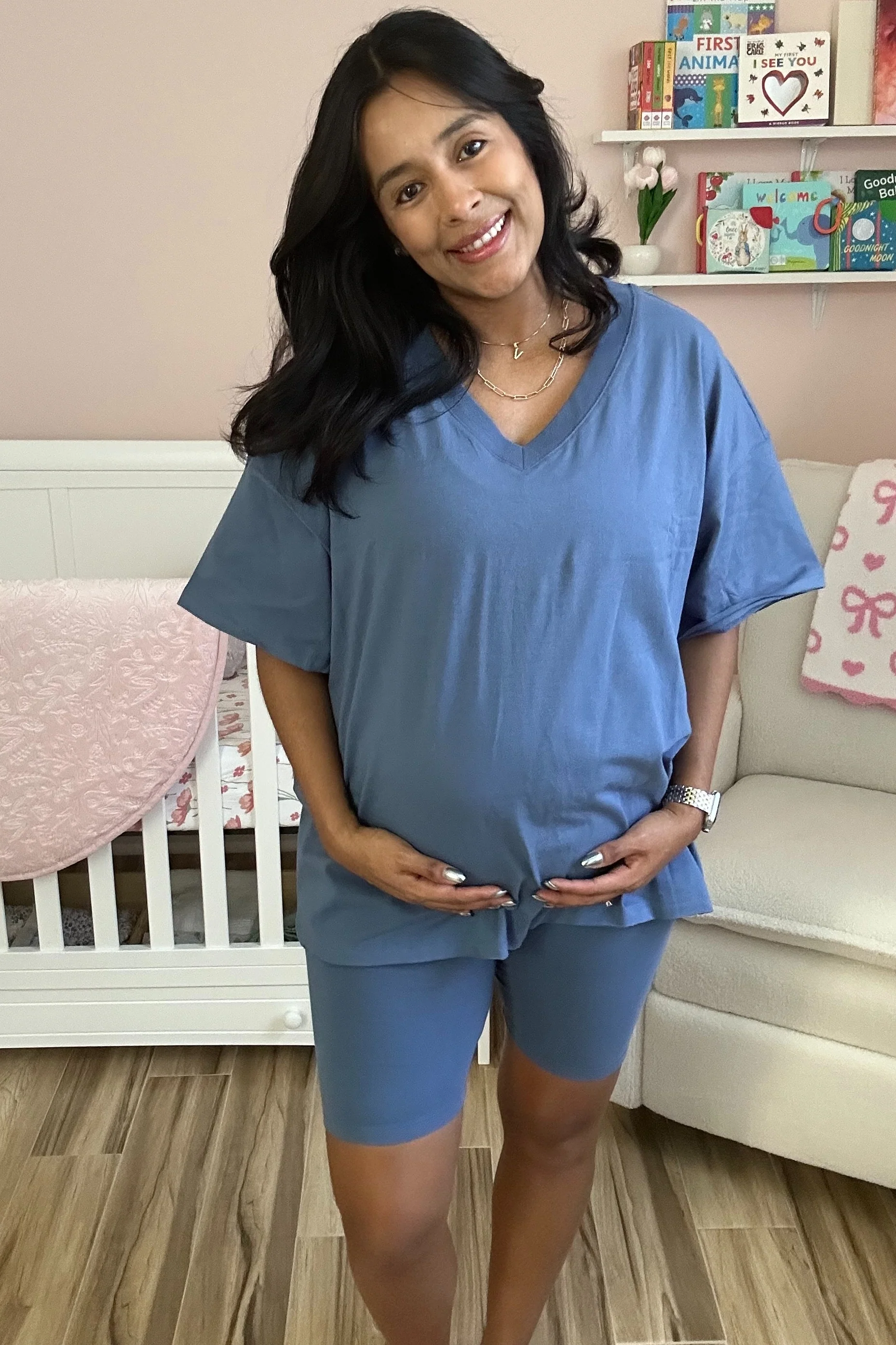 Blue Oversized V-Neck Biker Short Maternity Set - Image 4
