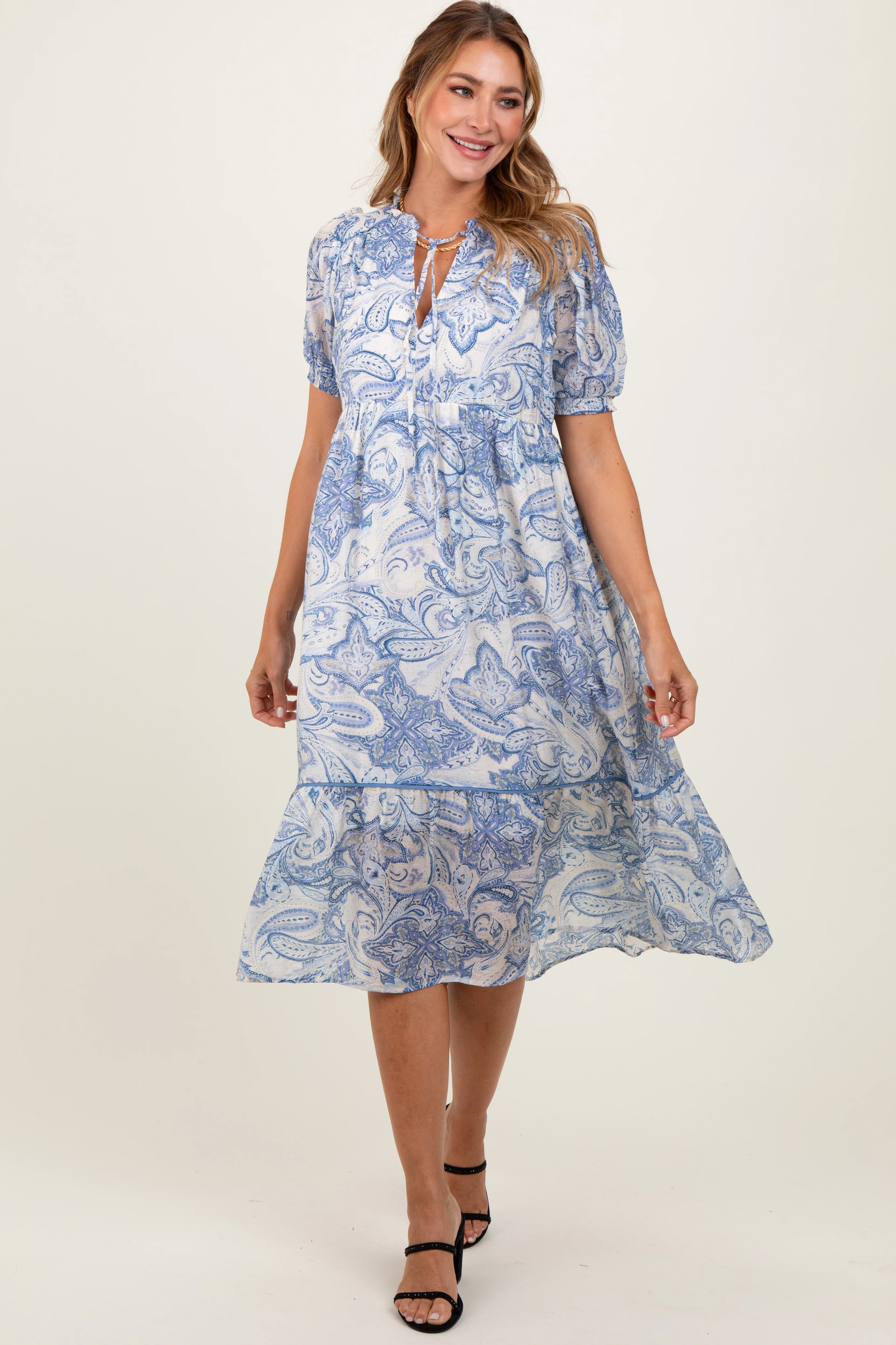 Blue Paisley Front Tie Ruffle Trim Maternity Midi Dress - Image 5