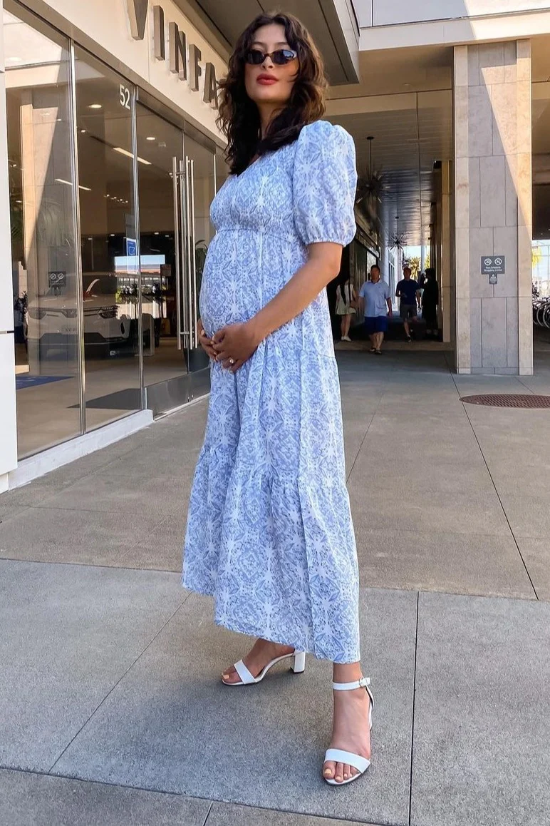 Blue Paisley Print Smocked Tiered Maternity Maxi Dress - Image 2