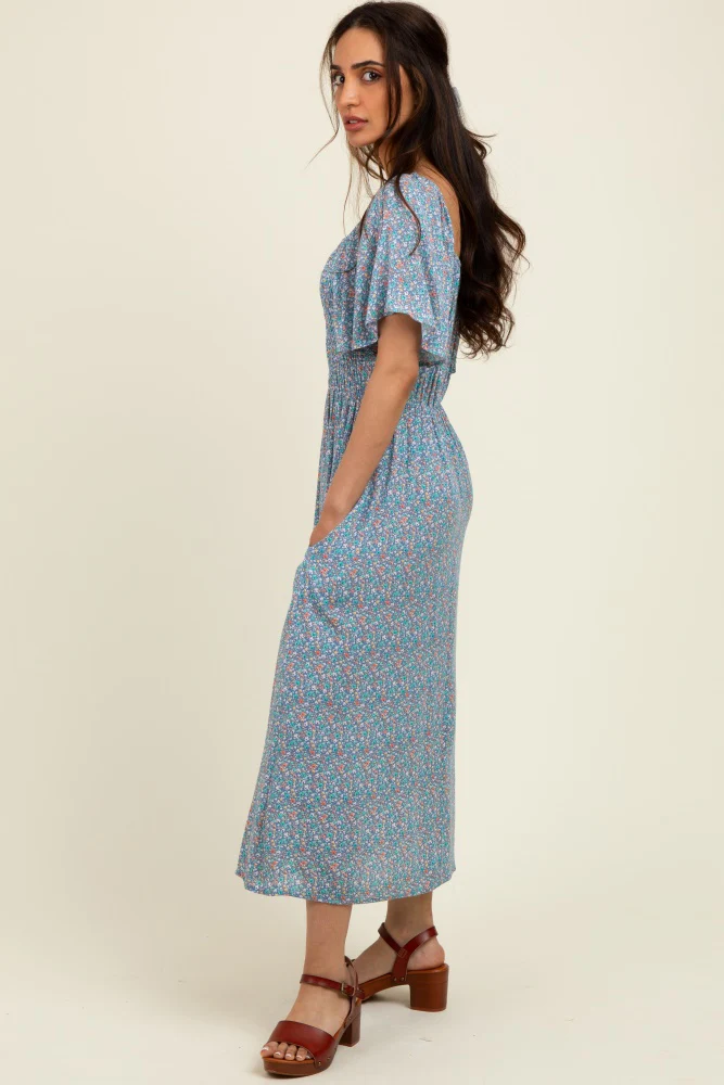 Blue/Pink Printed Dress With Pockets - Image 3