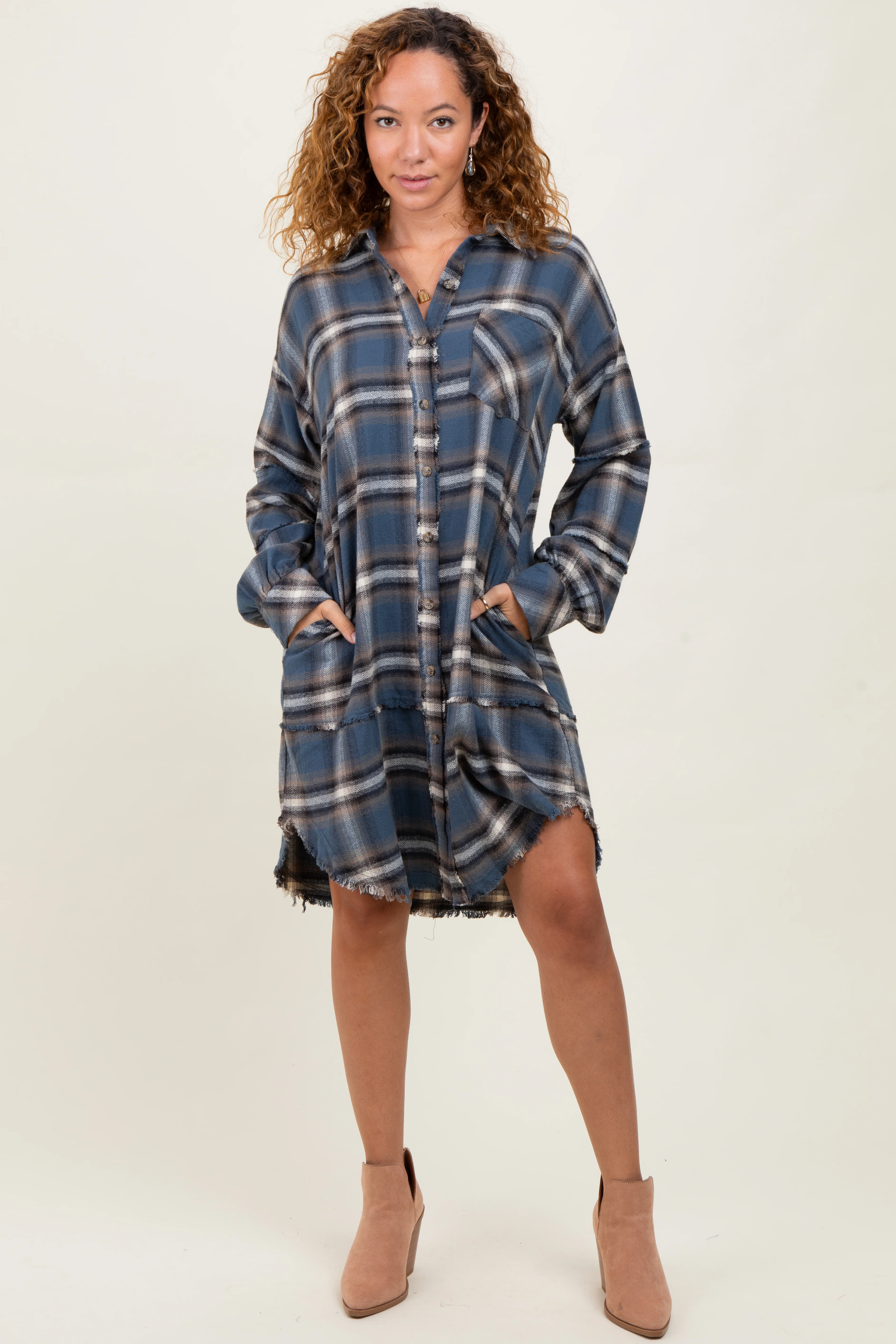 Blue Plaid Button Down Raw Hem Maternity Dress - Image 4