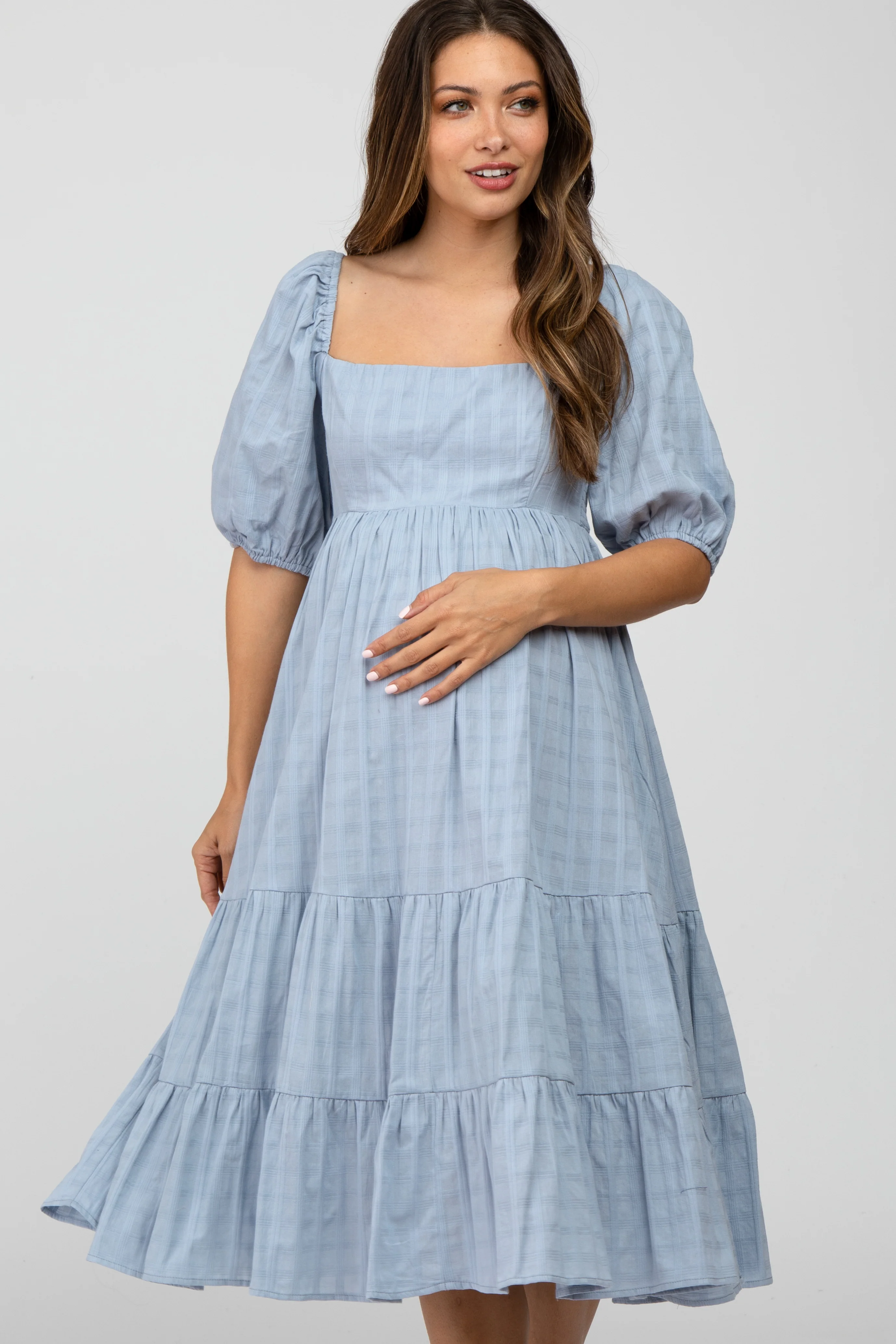 Blue Plaid Square Neck Maternity Midi Dress - Image 2