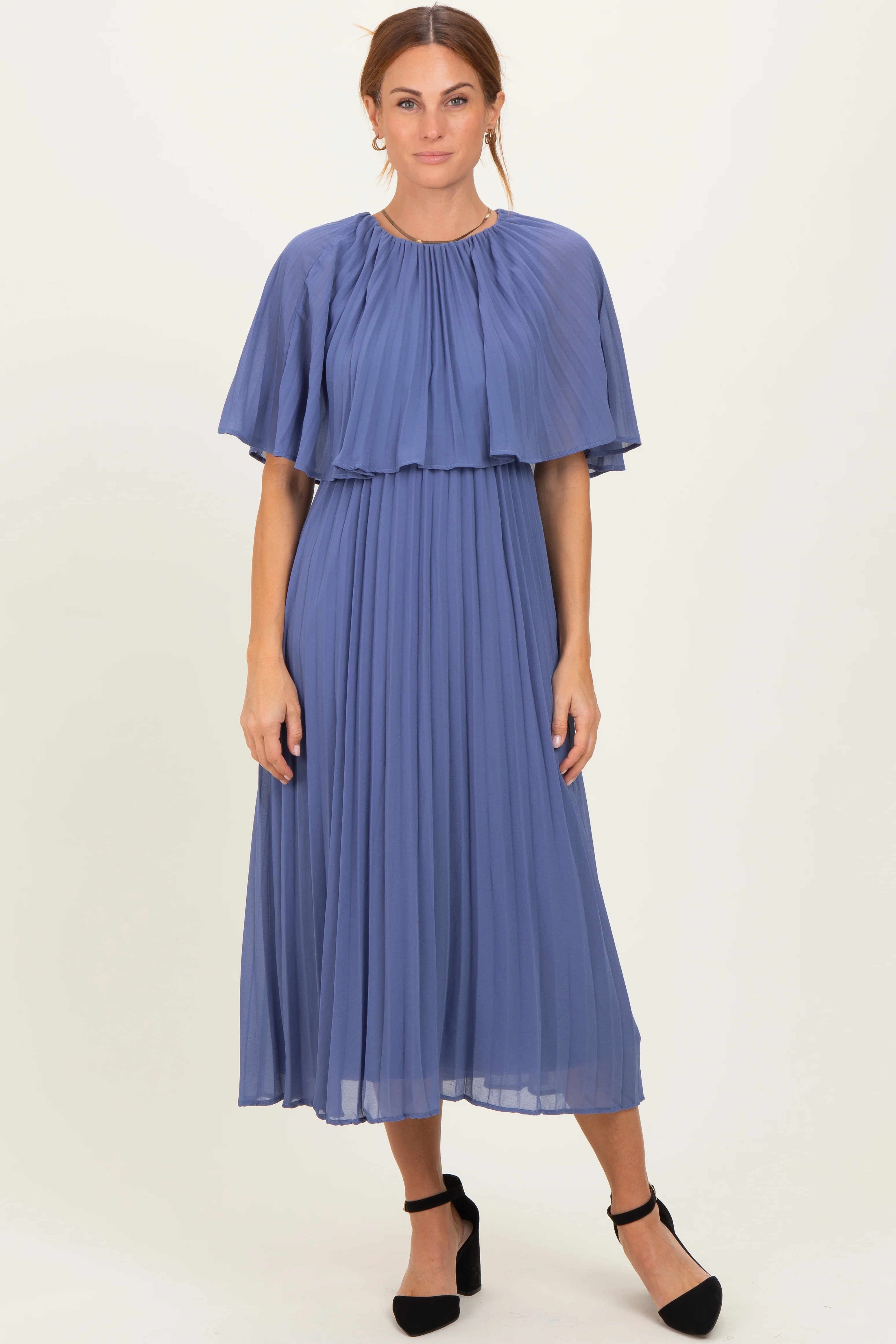 Blue Pleated Cape Maternity Midi Dress - Image 5