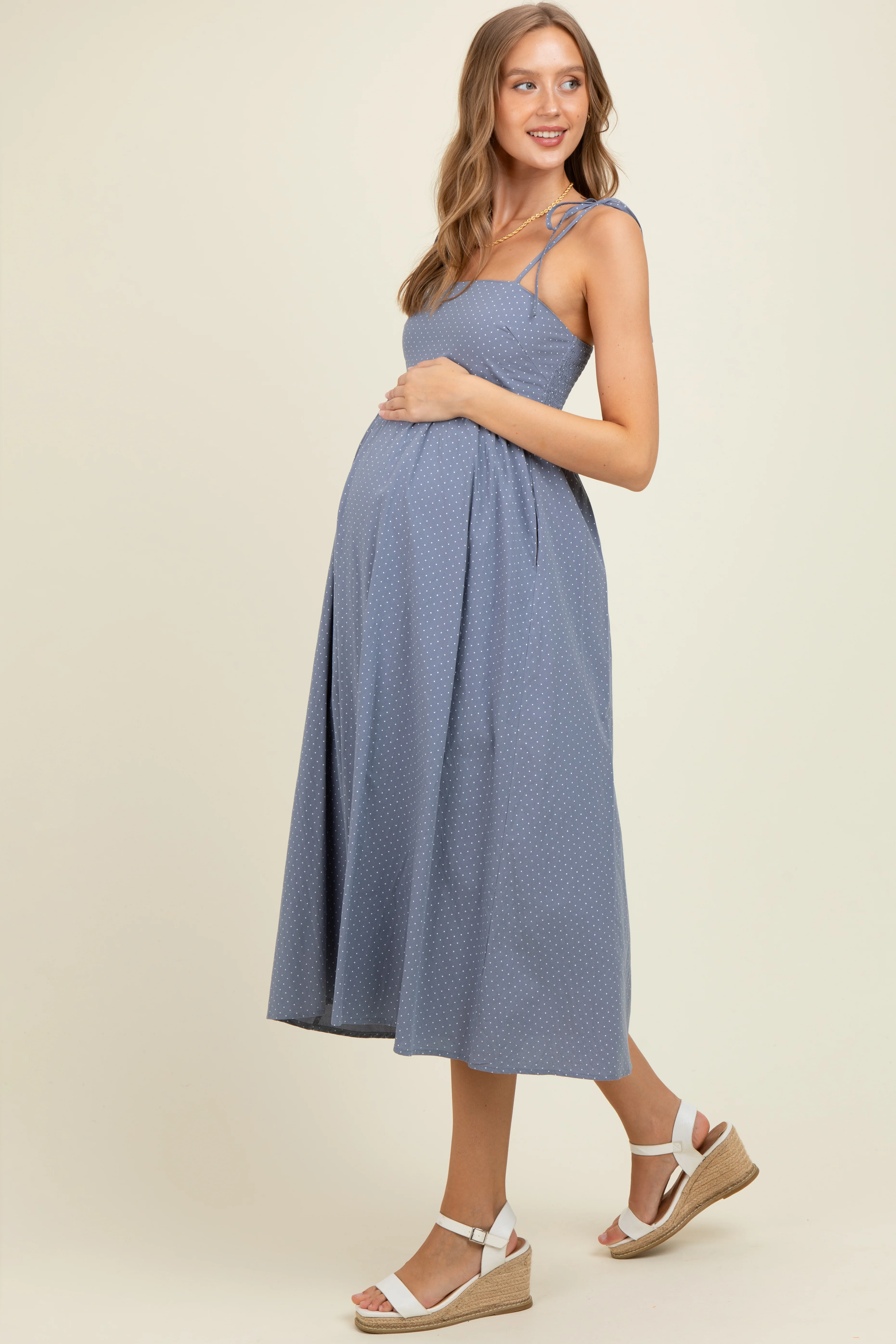 Blue Polka Dot Shoulder Tie Maternity Midi Dress - Image 3