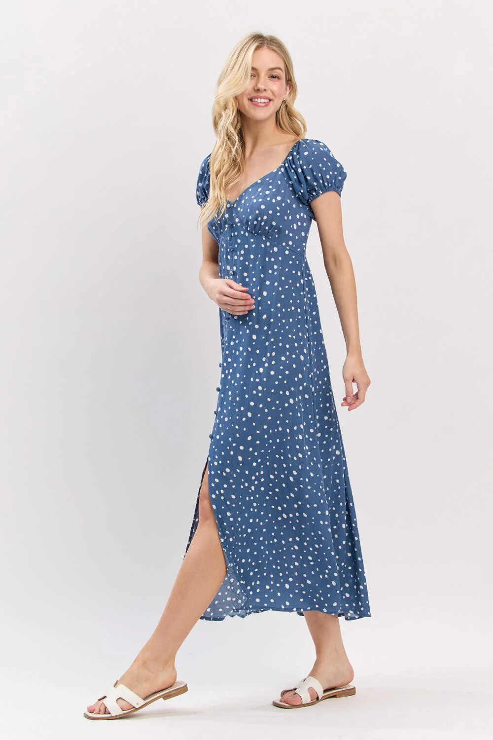 Blue Printed Button Accent Puff Sleeve Maternity Midi Dress - Image 3