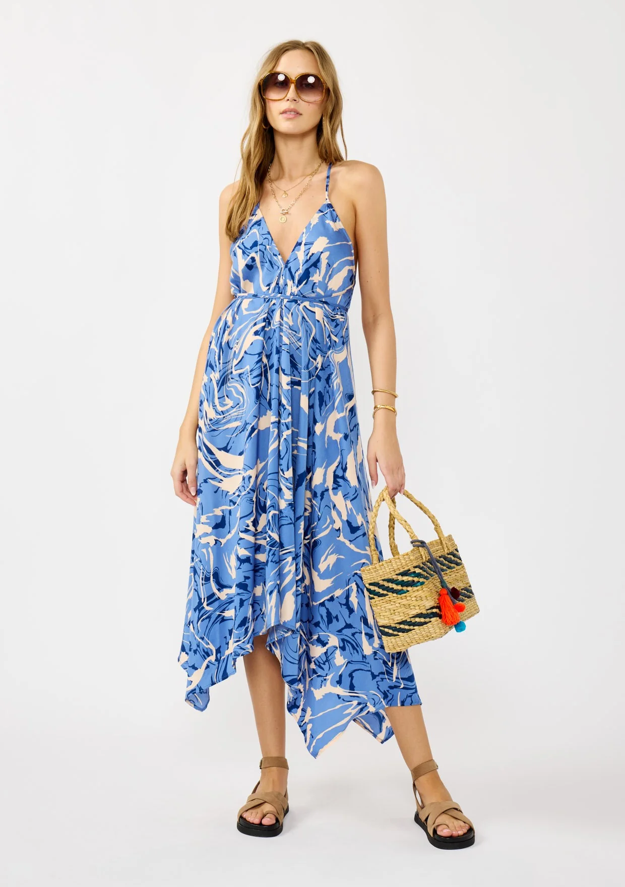 Blue Printed Crisscross Back Maternity Handkerchief Dress - Image 5