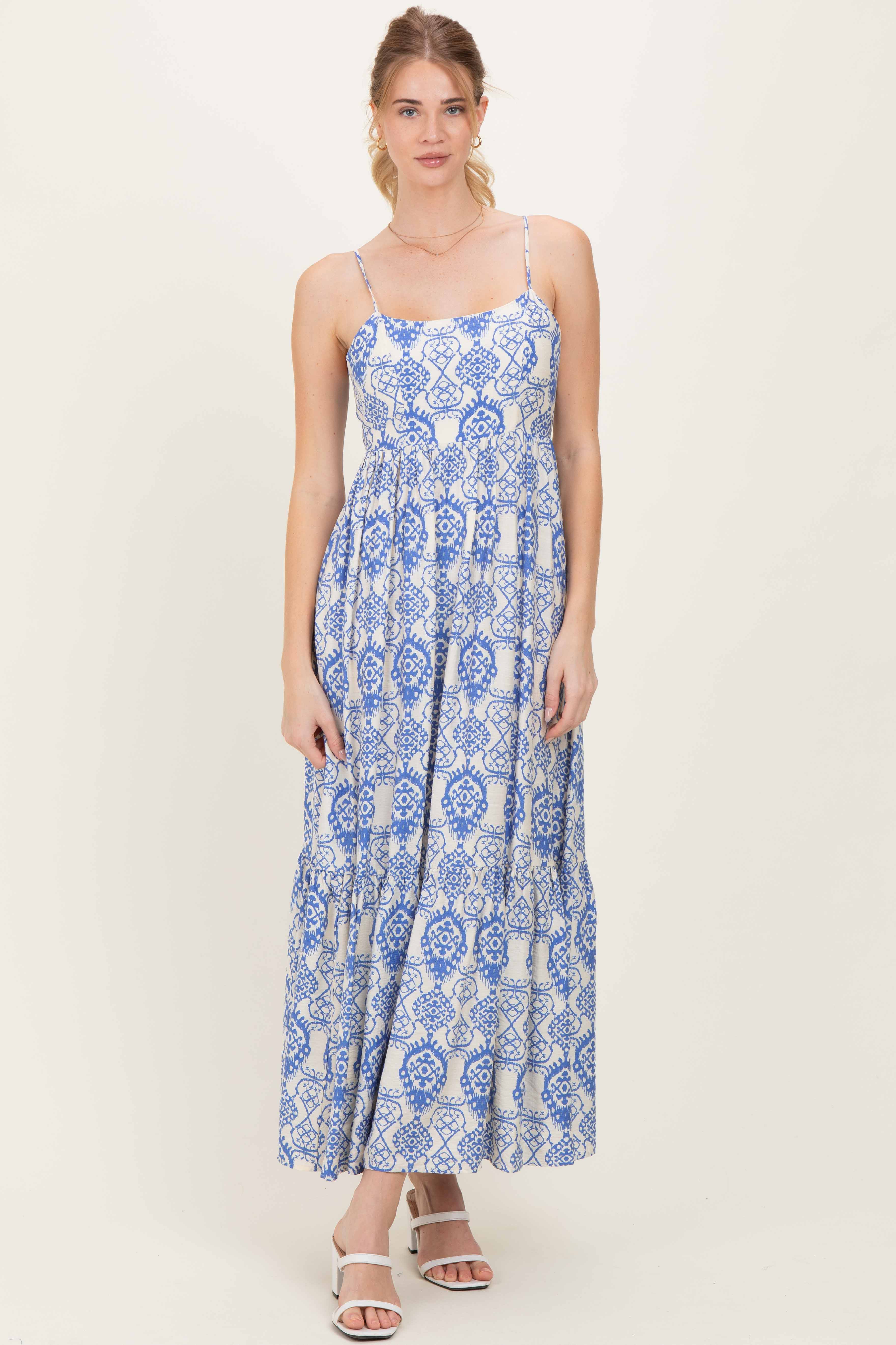 Blue Printed Cutout Tie Back Maternity Maxi Dress - Image 5