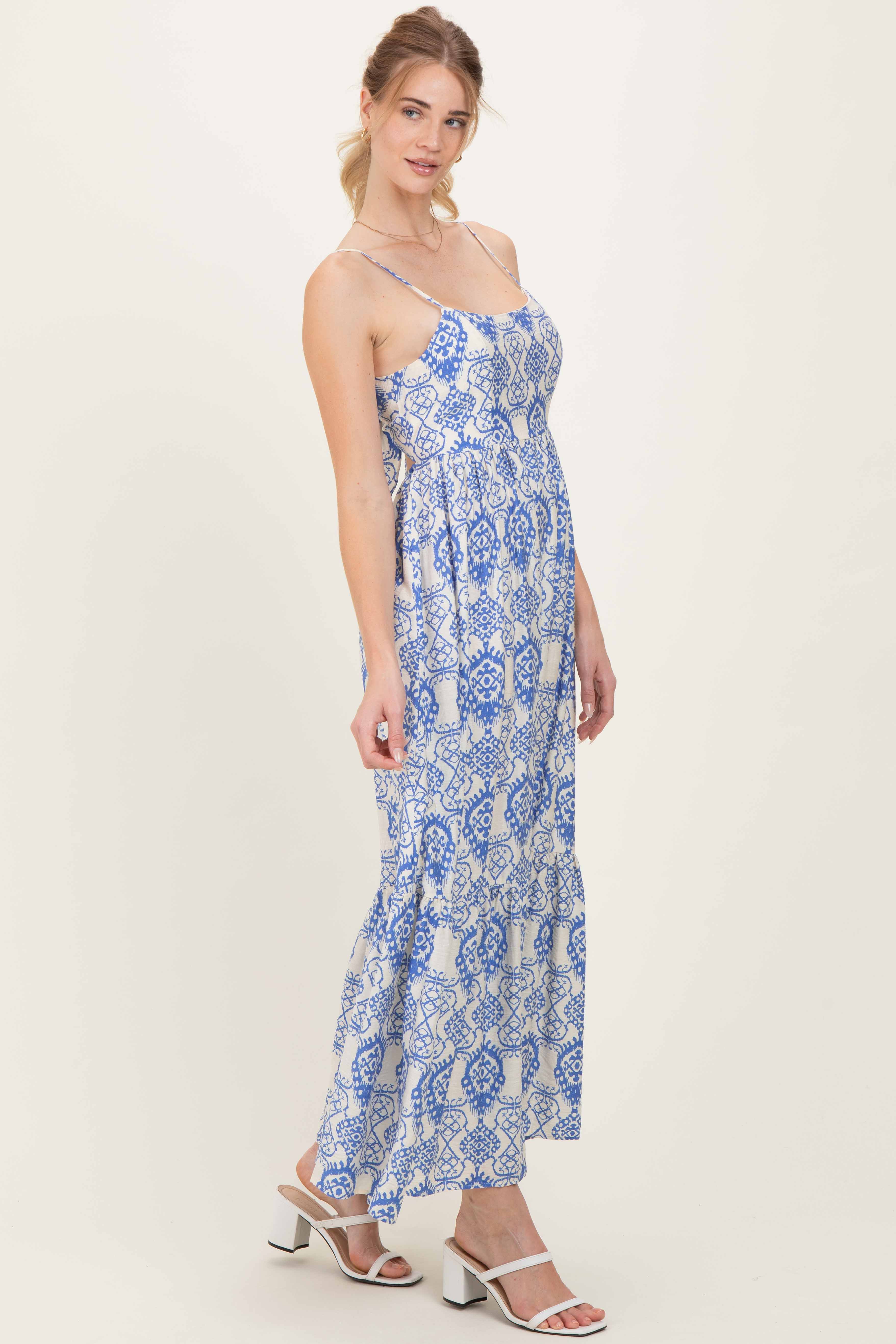 Blue Printed Cutout Tie Back Maxi Dress - Image 3