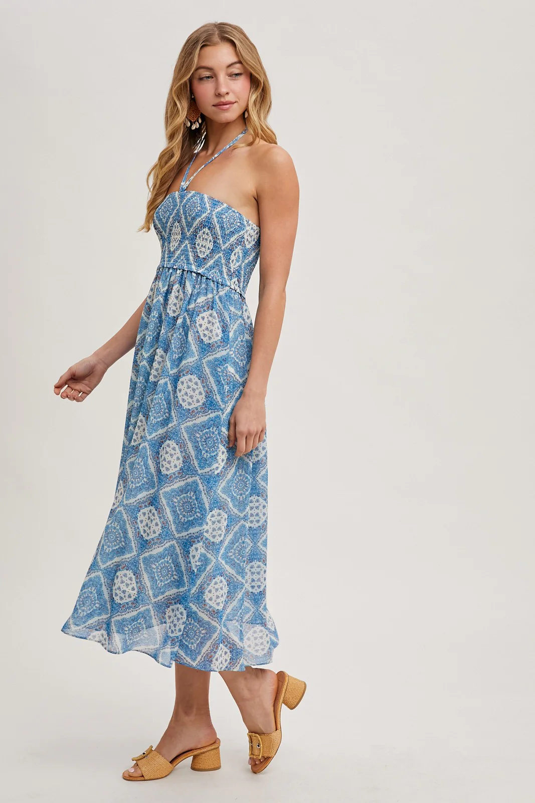Blue Printed Smocked Halter Midi Dress - Image 3