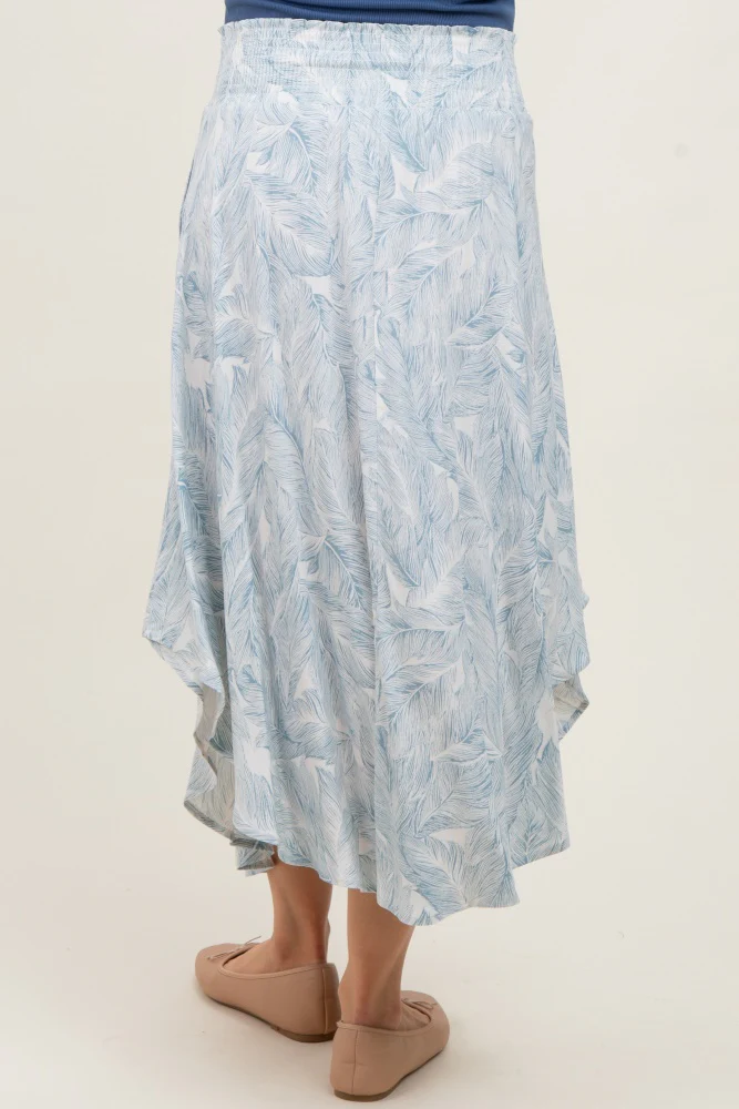 Blue Printed Smocked Waist Round Hem Maternity Midi Skirt - Image 4