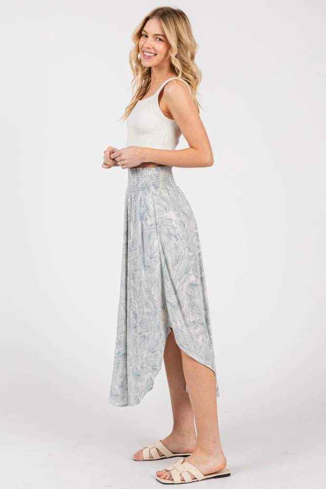 Blue Printed Smocked Waist Round Hem Midi Skirt - Image 3