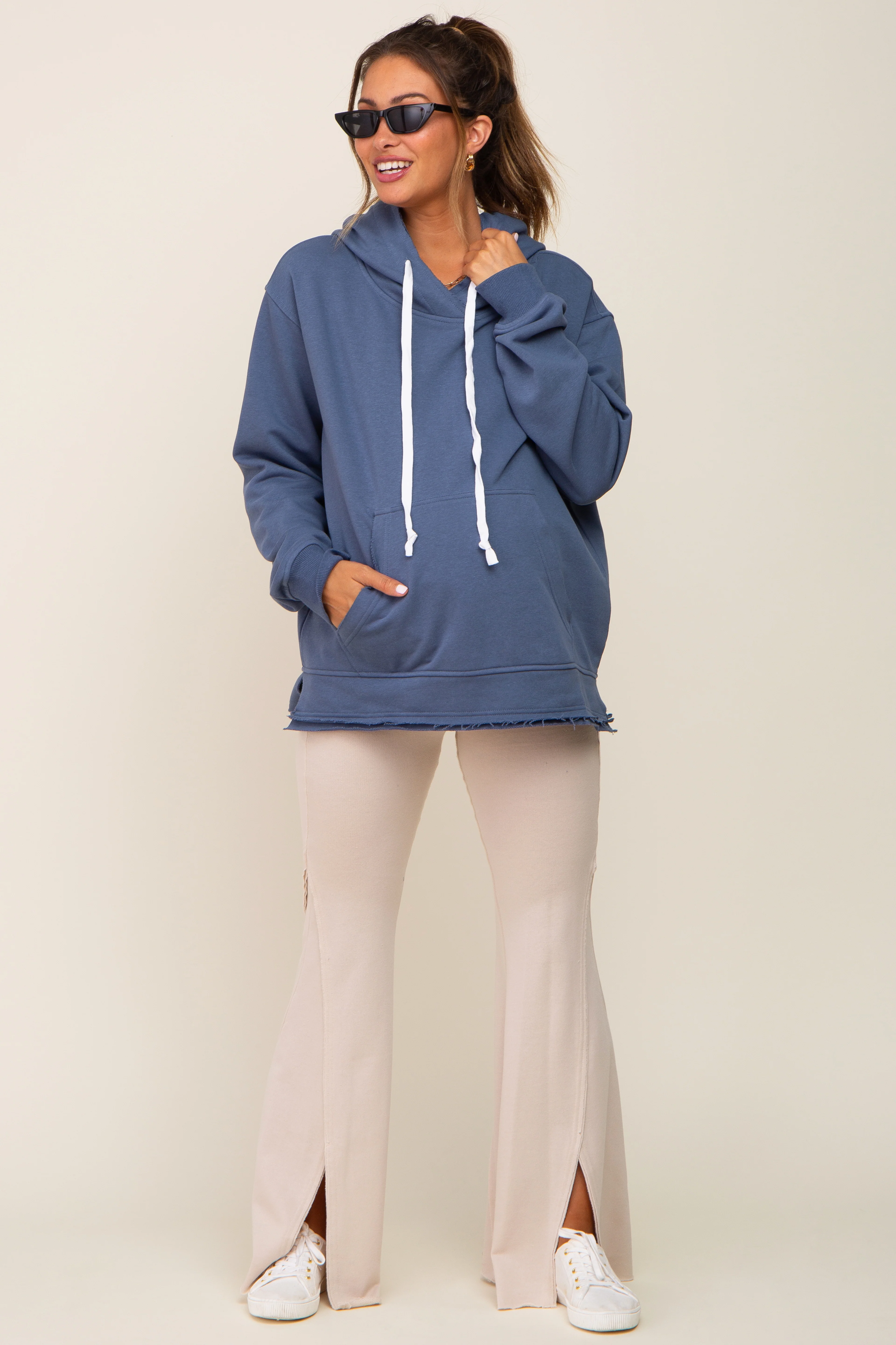 Blue Raw Edge Trim Maternity Drawstring Hoodie - Image 5