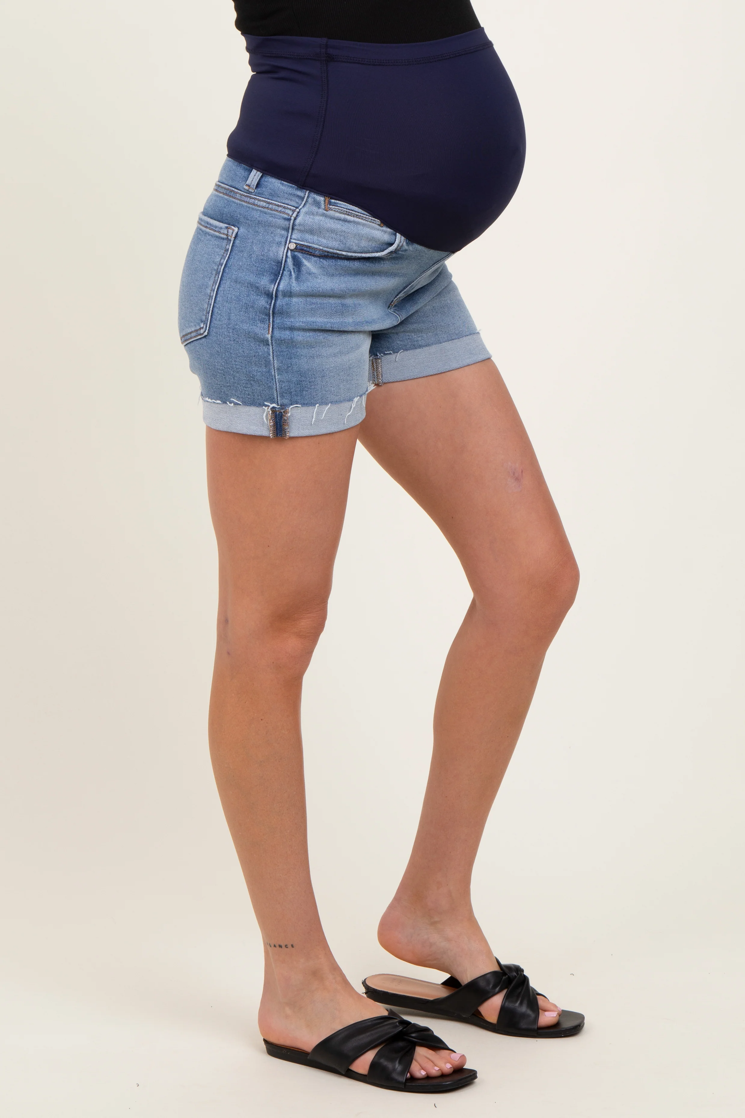 Blue Raw Hem Cuffed Maternity Jean Shorts - Image 3
