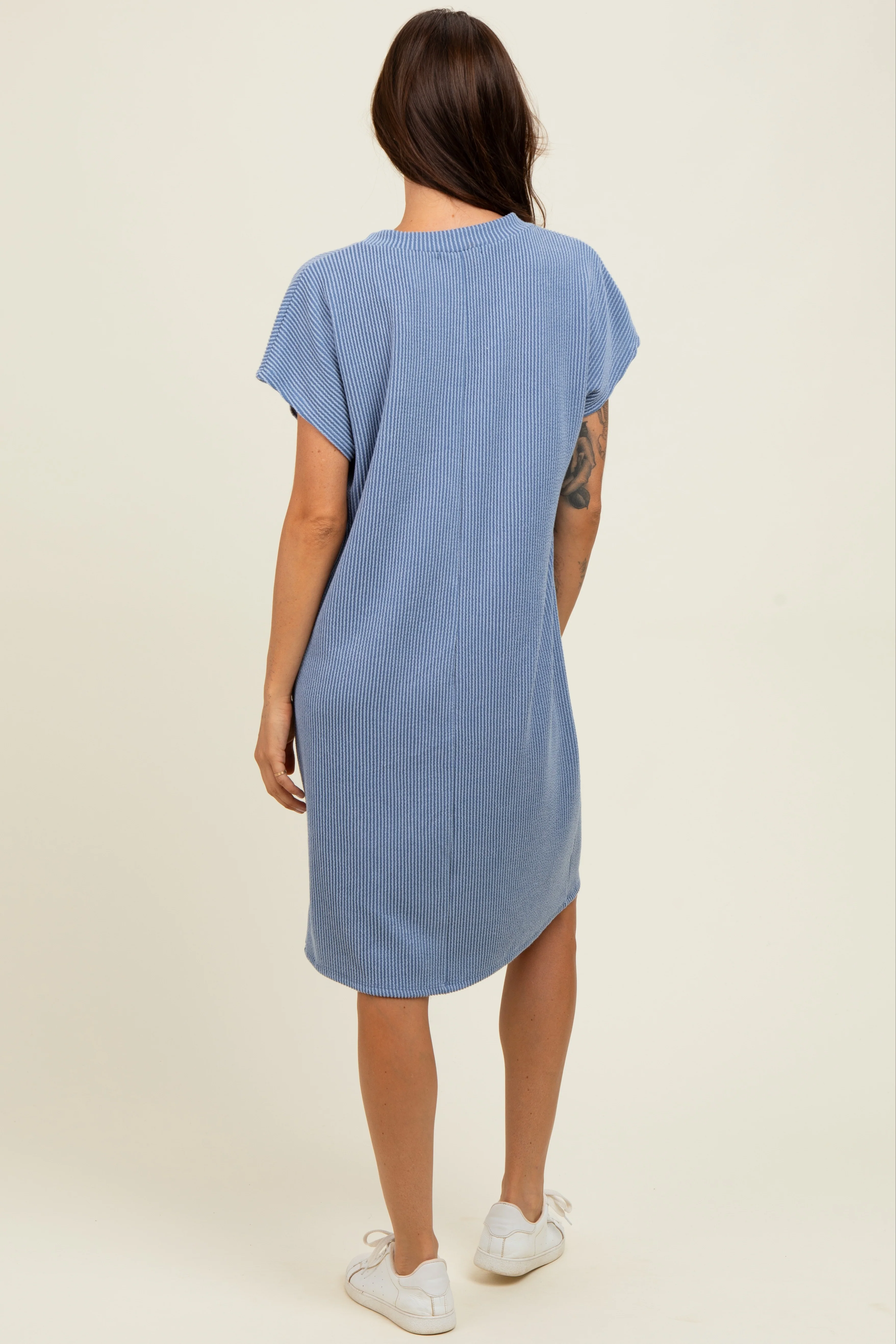 Blue Ribbed Front Pocket Dolman Short Sleeve Dress - Image 3
