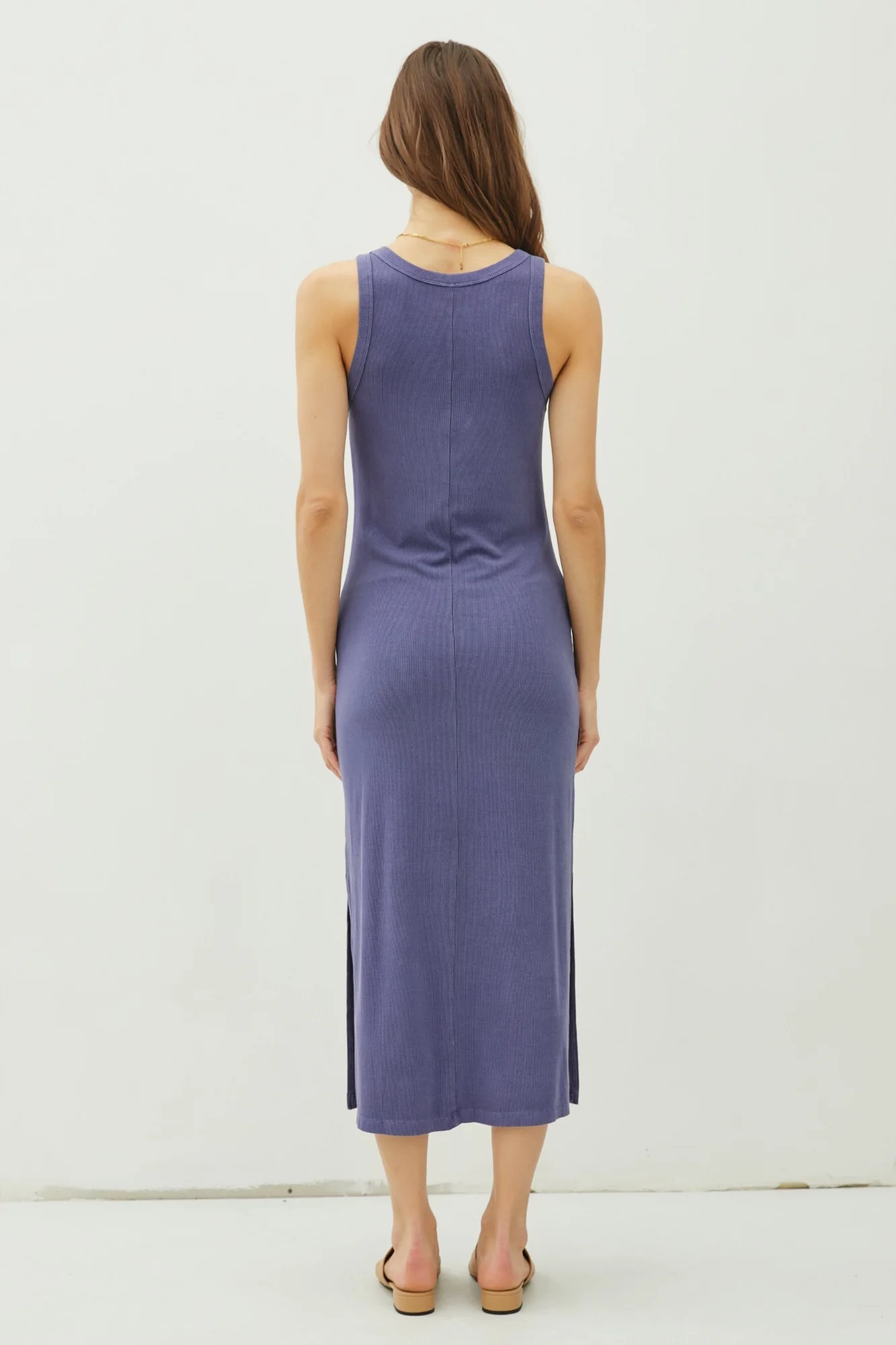 Blue Ribbed Knit Side Slit Sleeveless Dress - Image 3