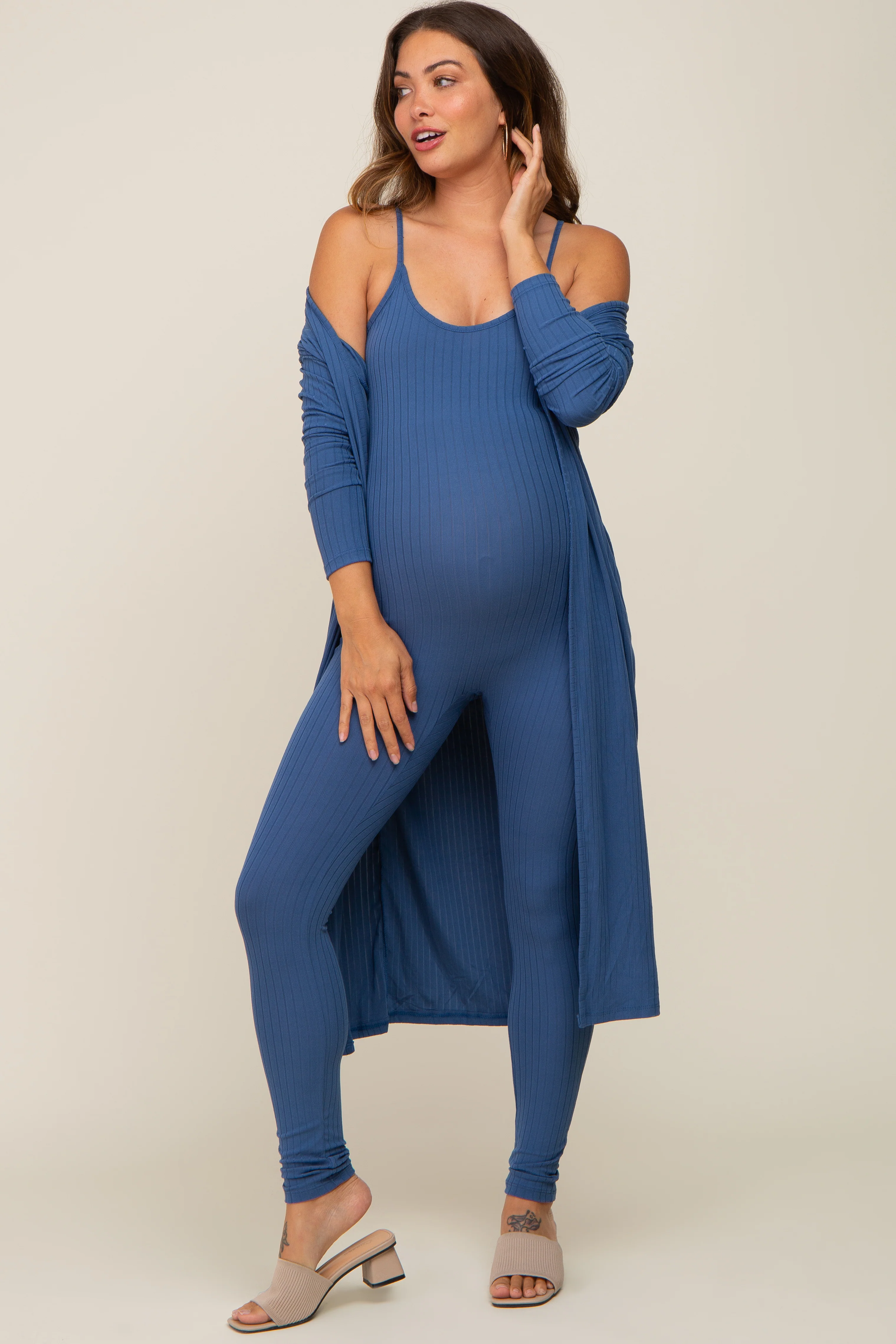 Blue Ribbed Maternity Jumpsuit Set - Image 4