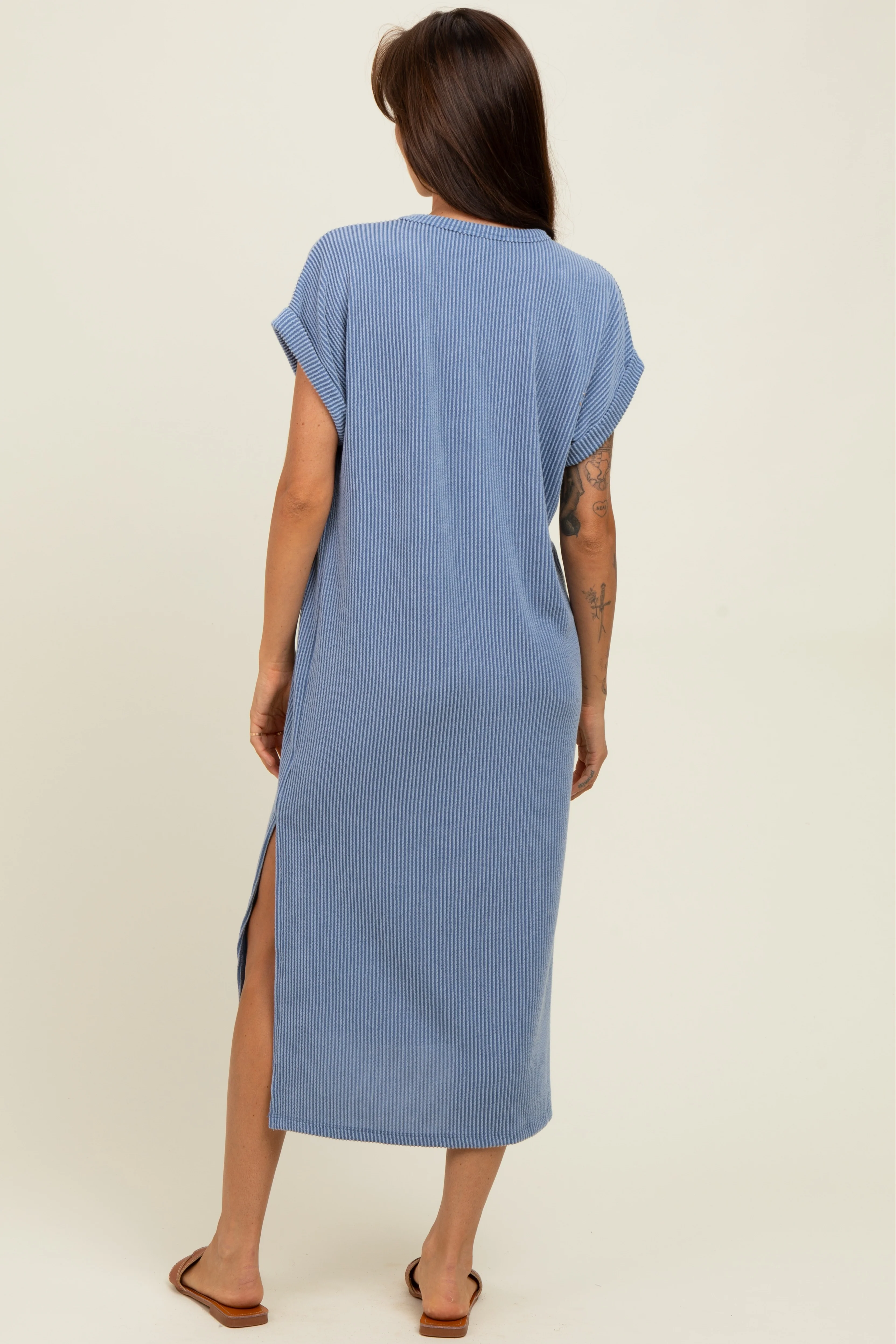 Blue Ribbed Short Sleeve Maternity Midi Dress - Image 3
