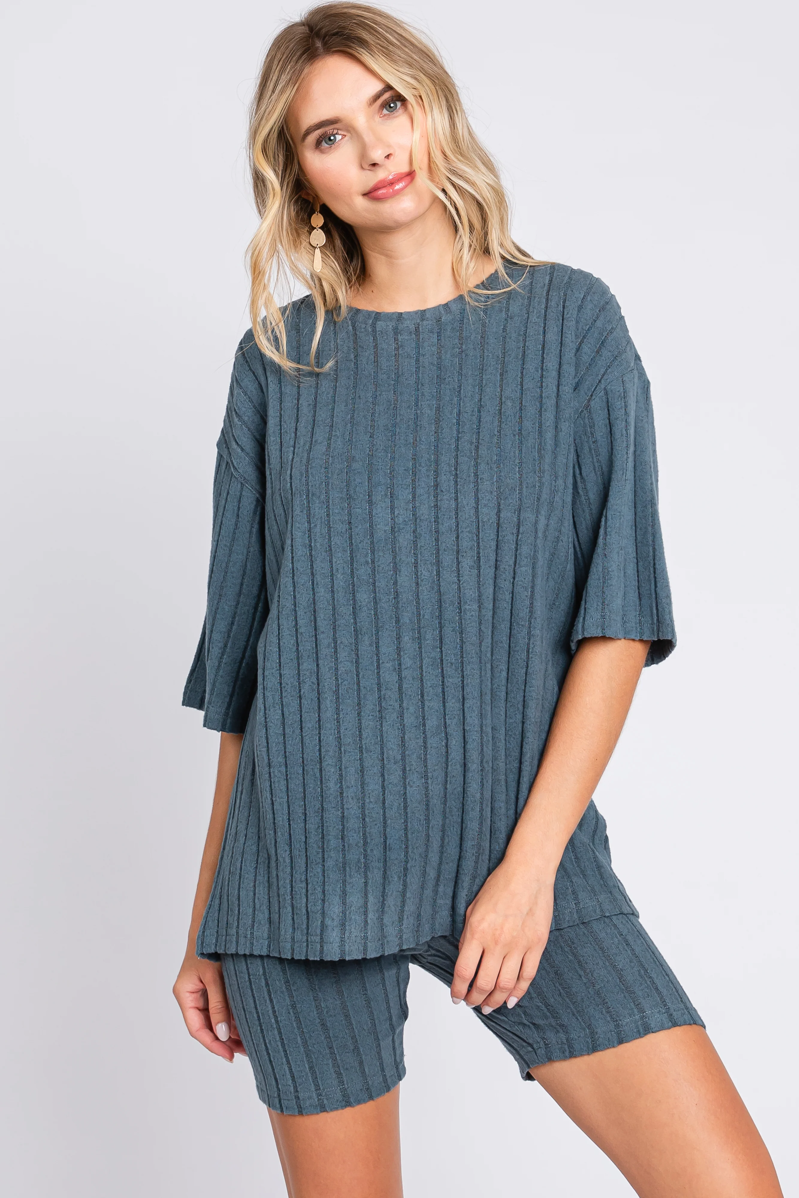 Blue Ribbed Soft Short Sleeve Maternity Shorts Set - Image 6
