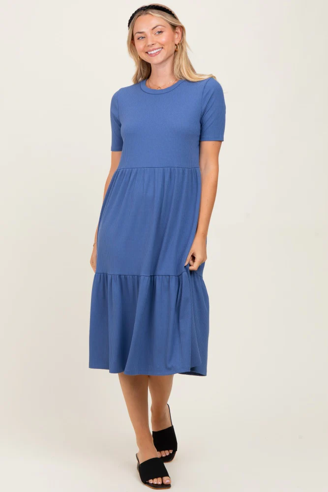 Blue Ribbed Tiered Maternity Midi Dress - Image 4