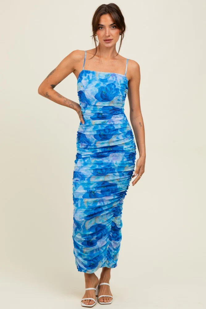 Blue Rose Floral Mesh Sleeveless Ruched Dress