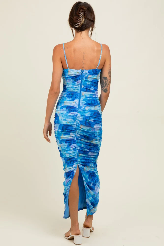 Blue Rose Floral Mesh Sleeveless Ruched Dress - Image 4
